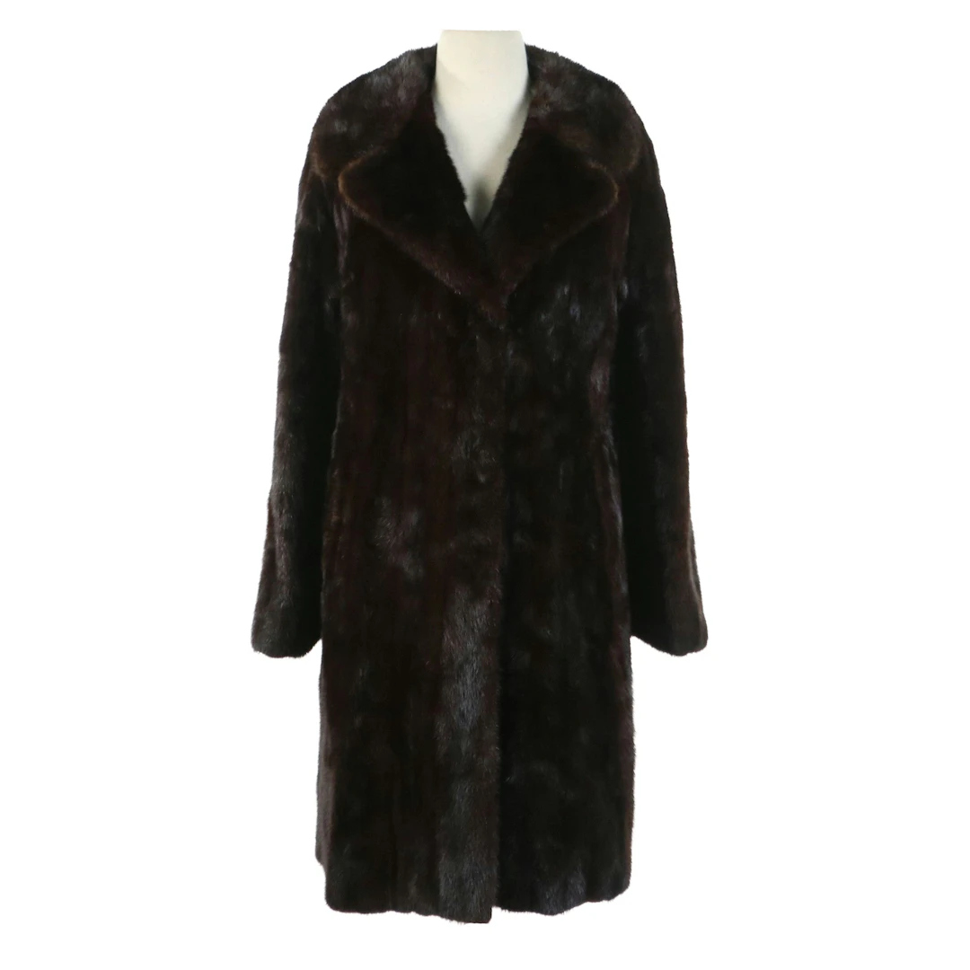 Mahogany Mink Fur Stroller Coat with Notched Collar and Half-Belt