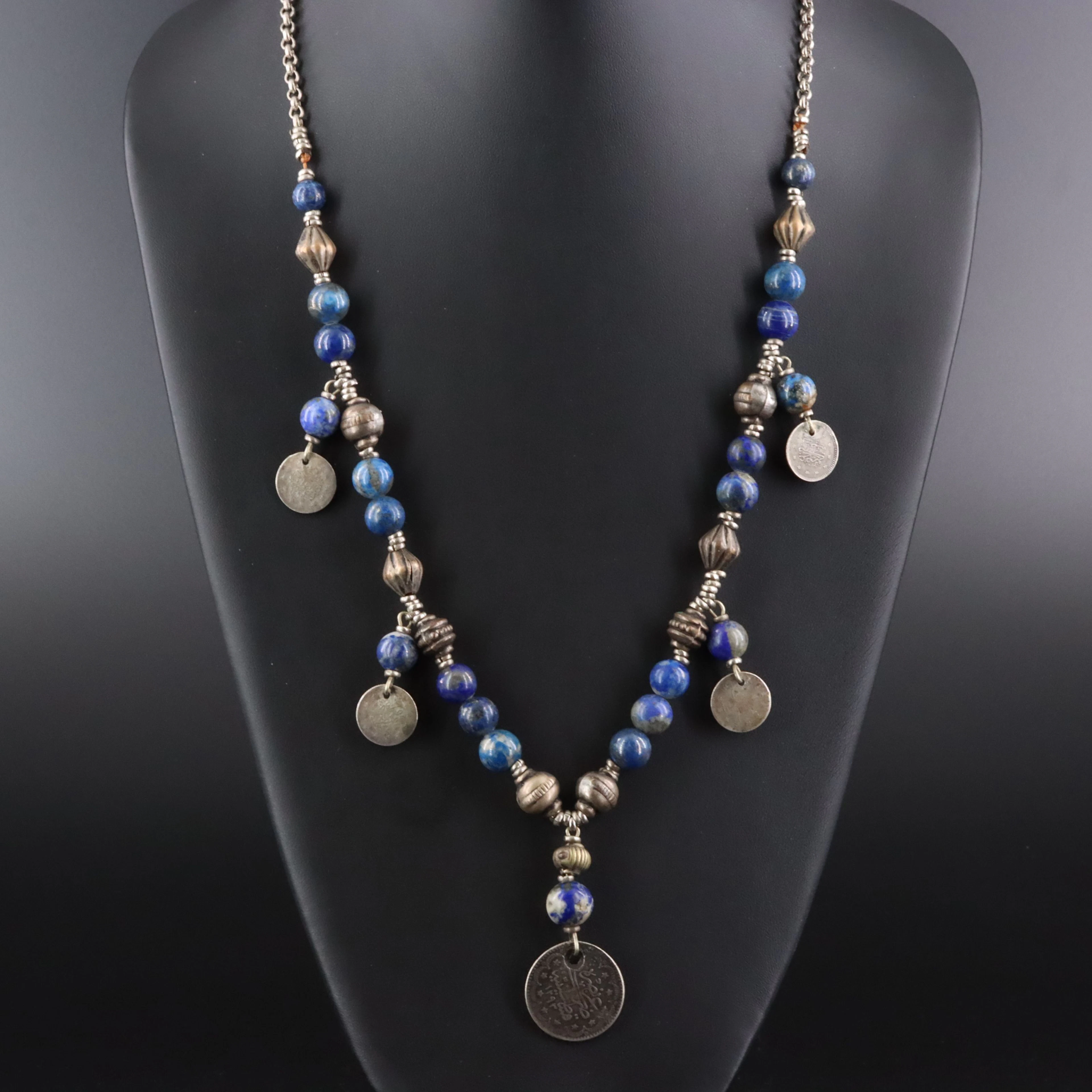 Antique Lapis Lazuli Necklace with Ottoman Empire Silver Coins
