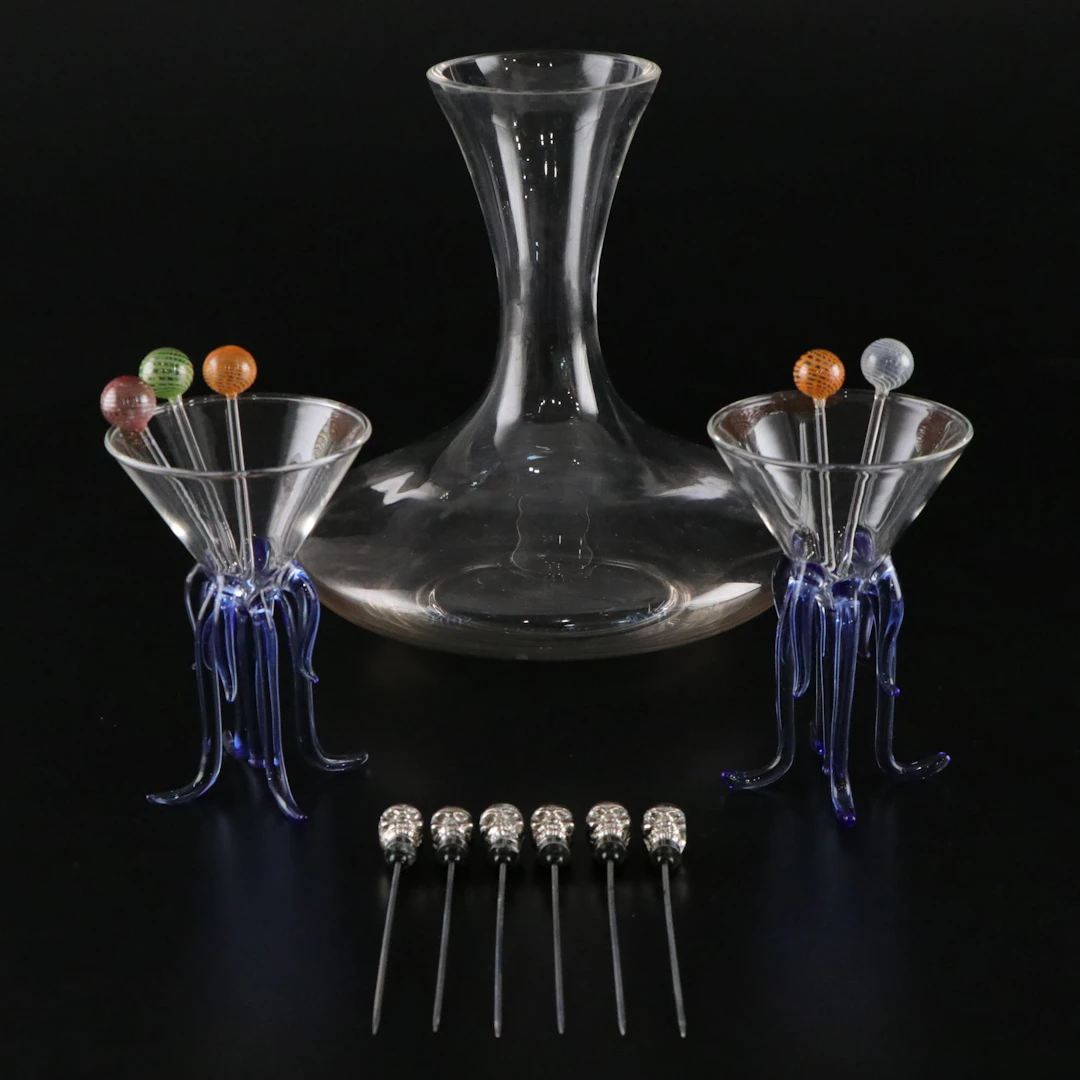 Glass Wine Decanter, Octopus Martini Glasses, and Skewers