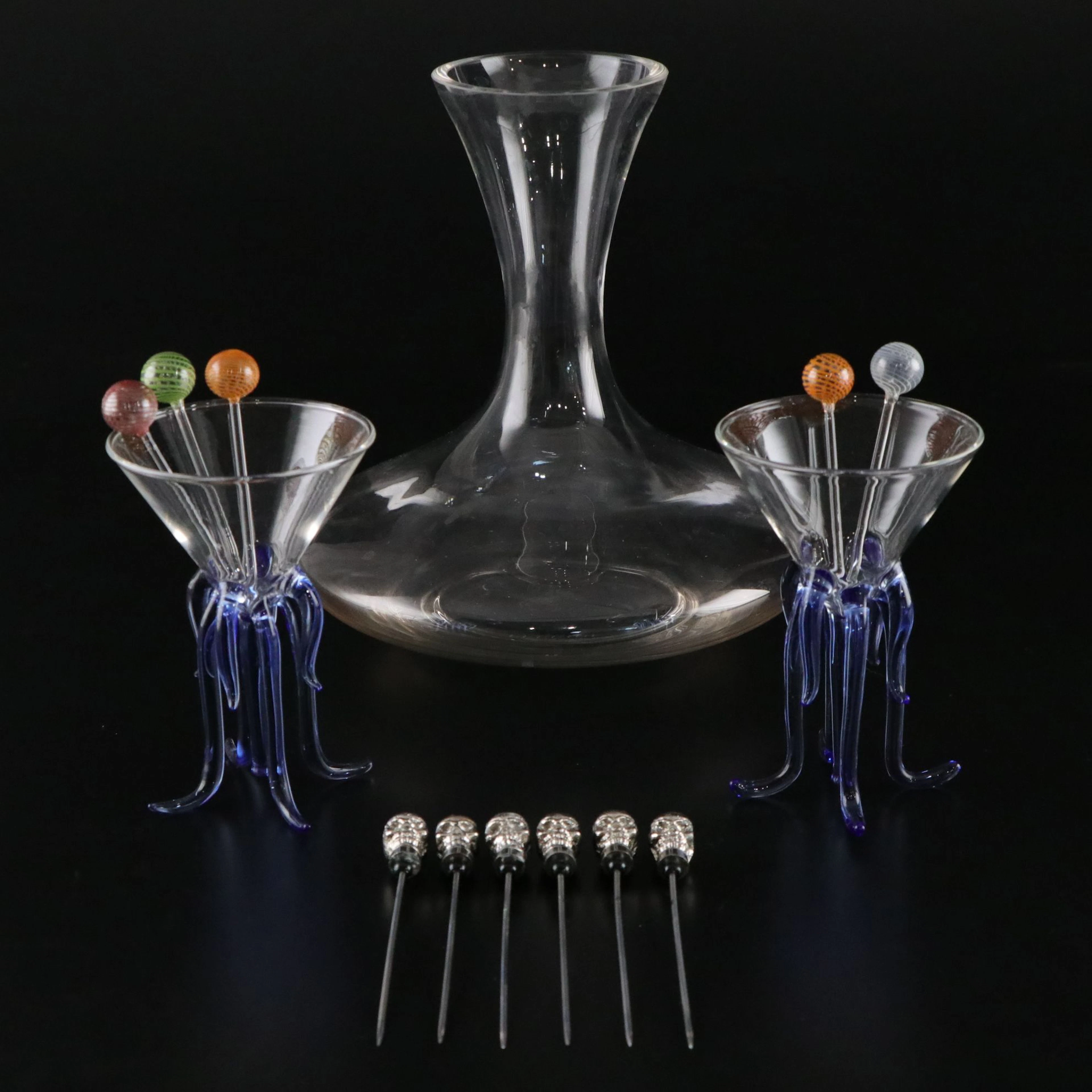 Glass Wine Decanter, Octopus Martini Glasses, and Skewers