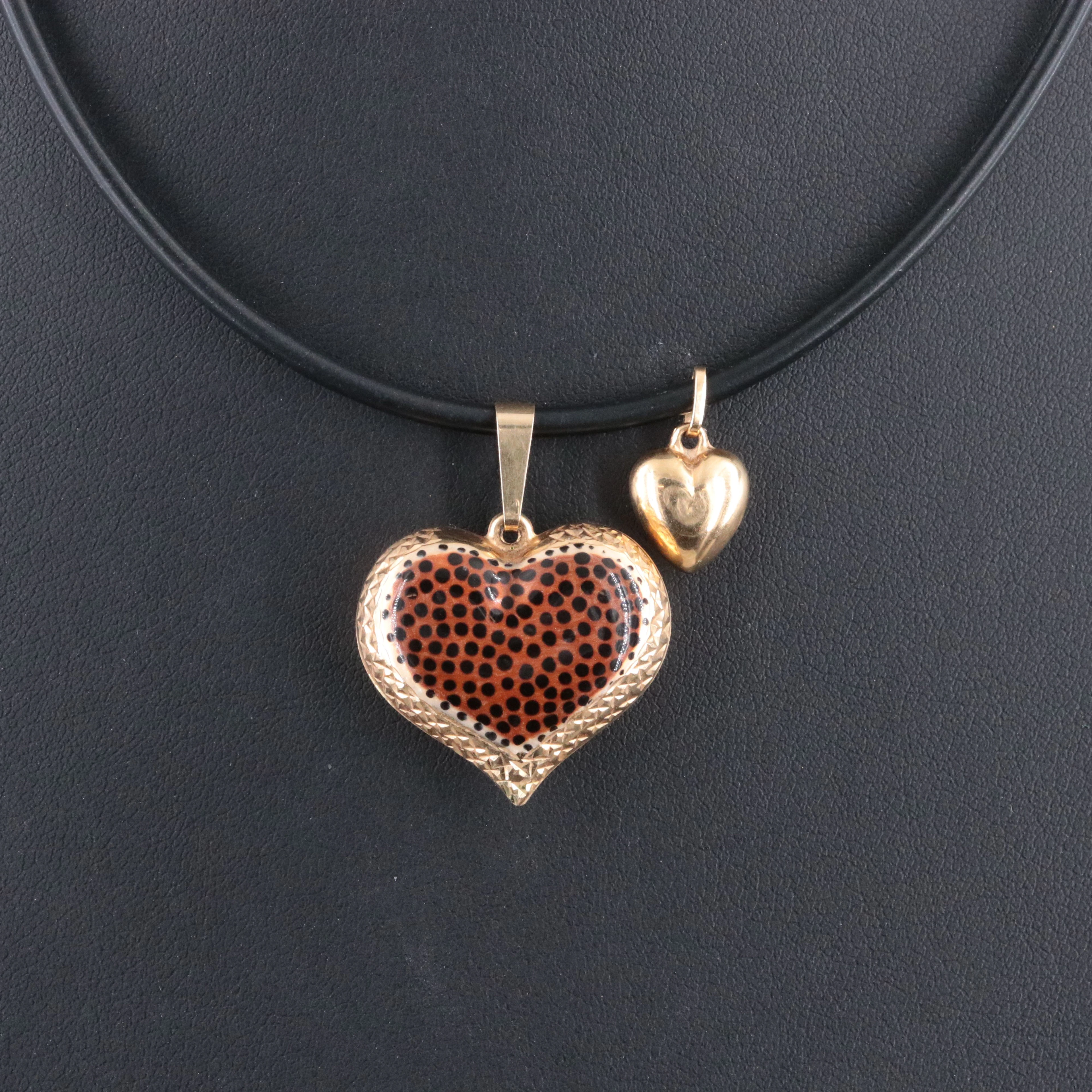 14K Puff Heart Pendant Necklace with Leopard Print Enamel