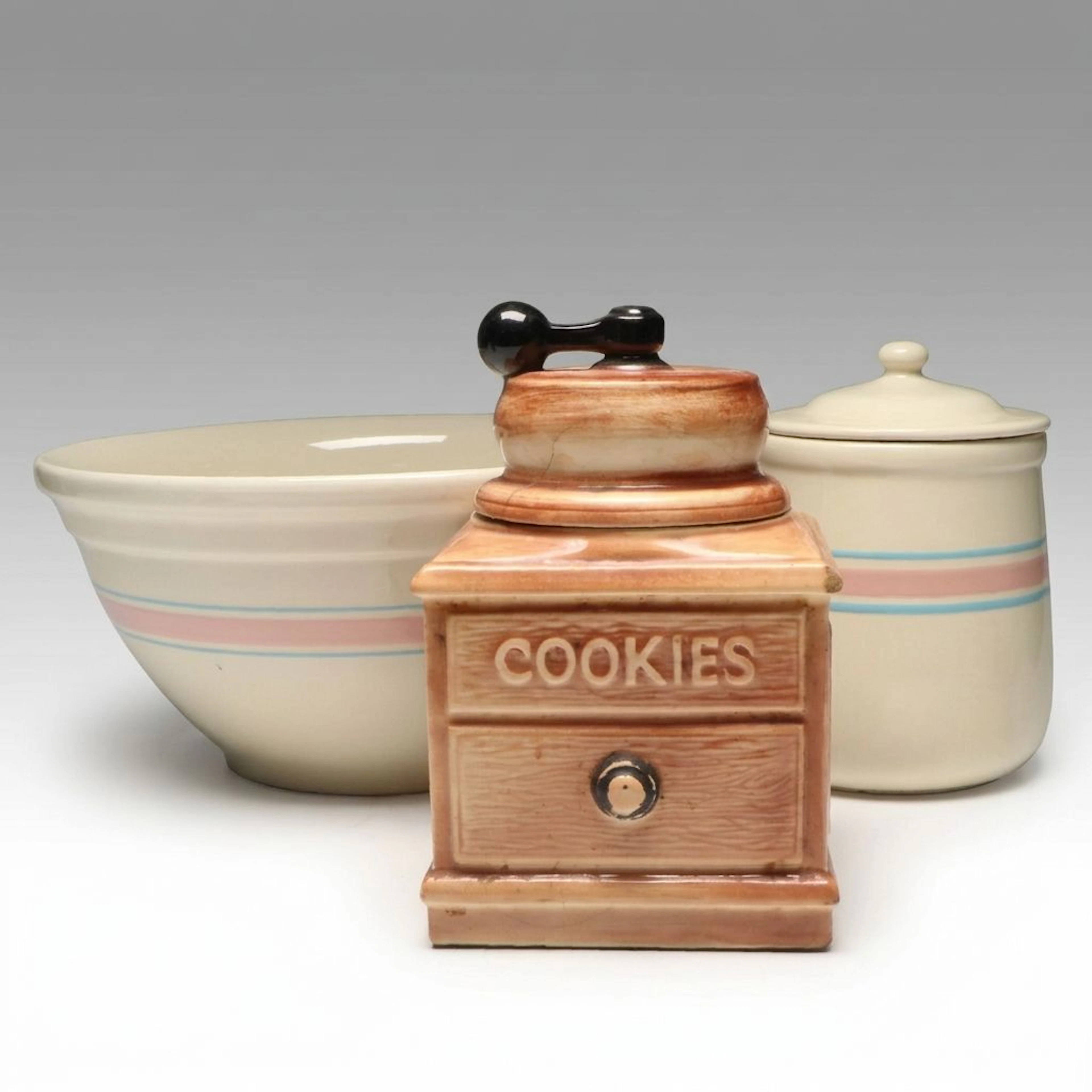 McCoy "Pink & Blue Stripes" Canister and Dough Bowl with Cookie Jar