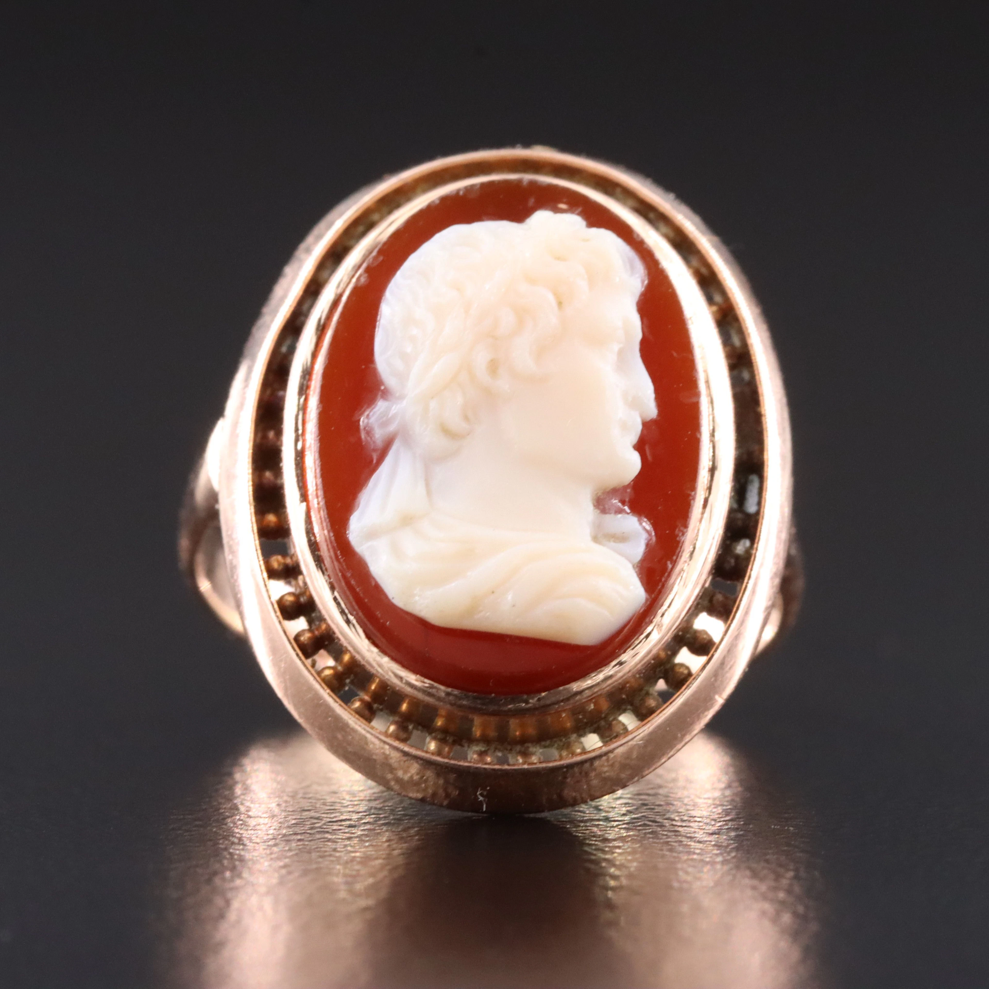 Victorian Grand Tour 14K Rose Gold Sardonyx Julius Caesar Cameo Ring