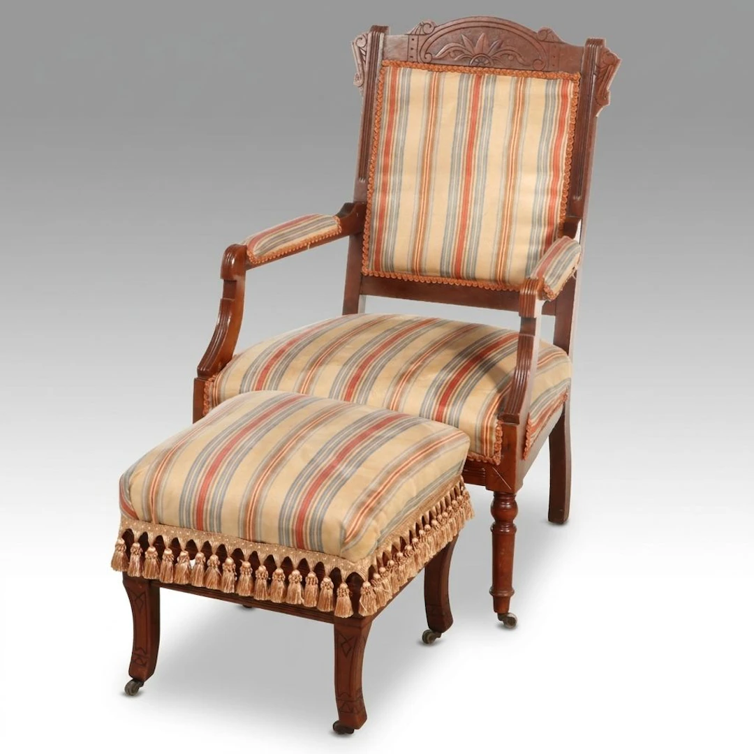 Eastlake Carved Walnut Upholstered Armchair with Ottoman