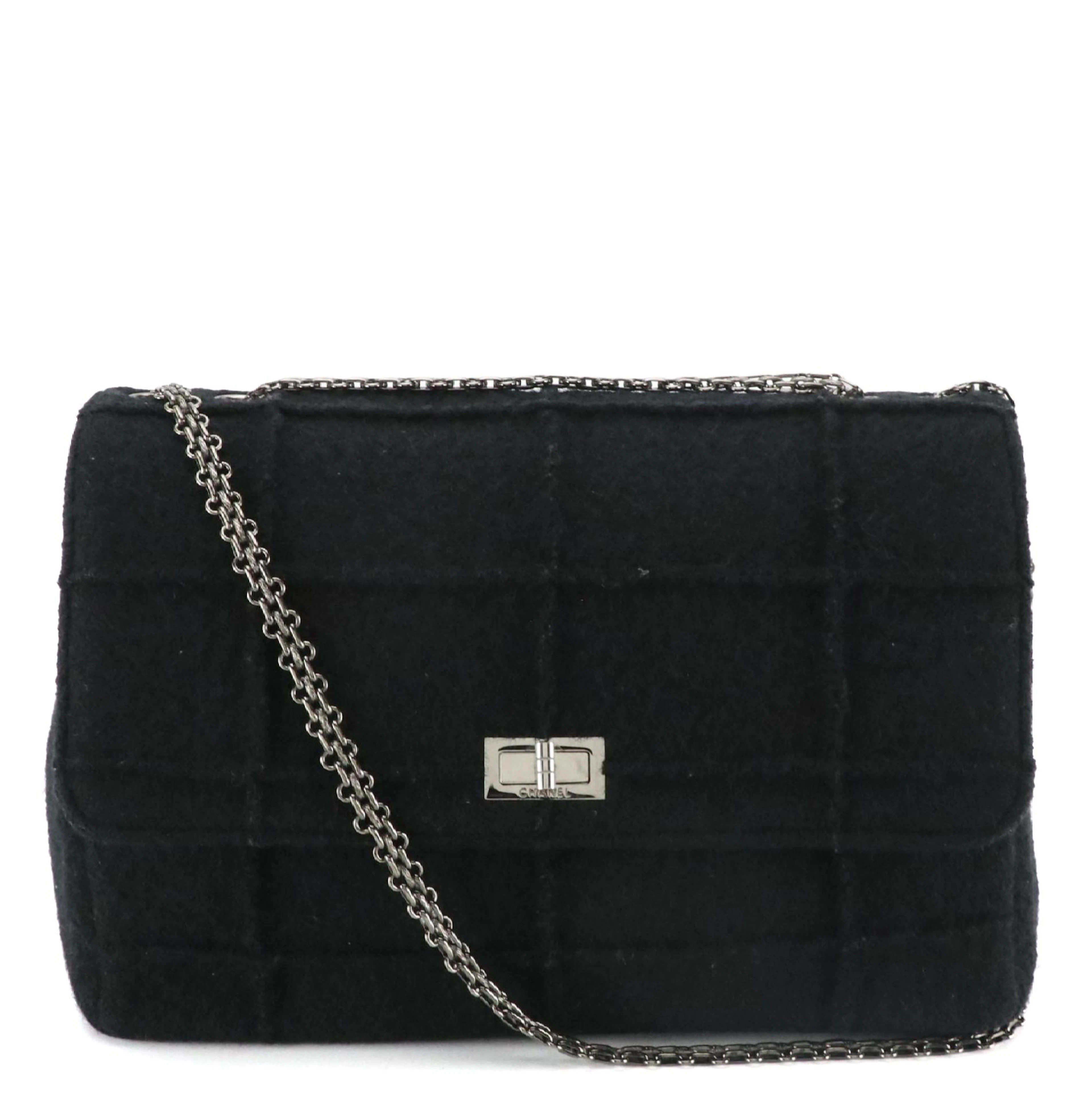Chanel Identification 2.55 Reissue Black Wool Chocolate Bar Flap Bag