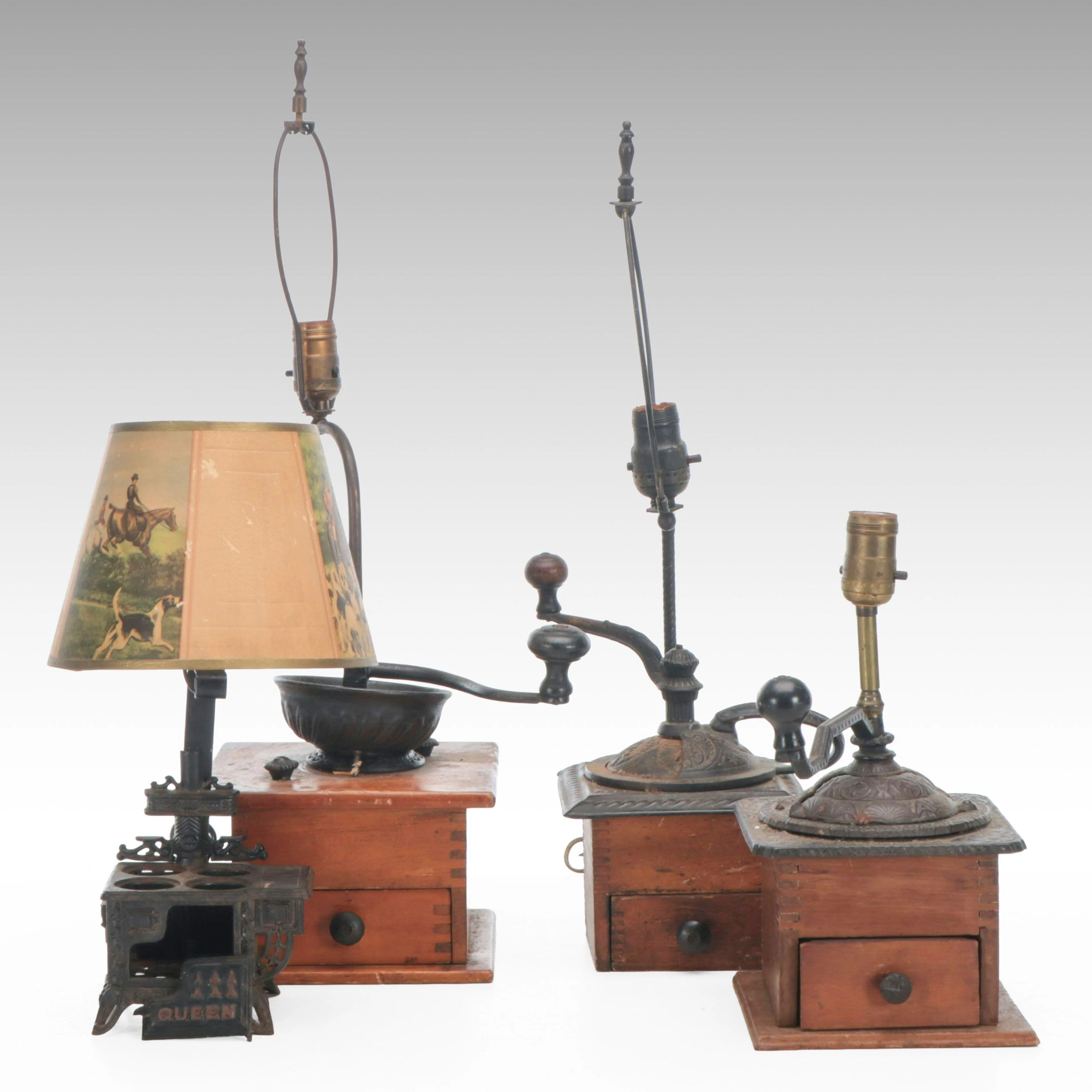 Antique Coffee Grinders and Queen Cast Iron Toy Stove Novelty Table Lamps