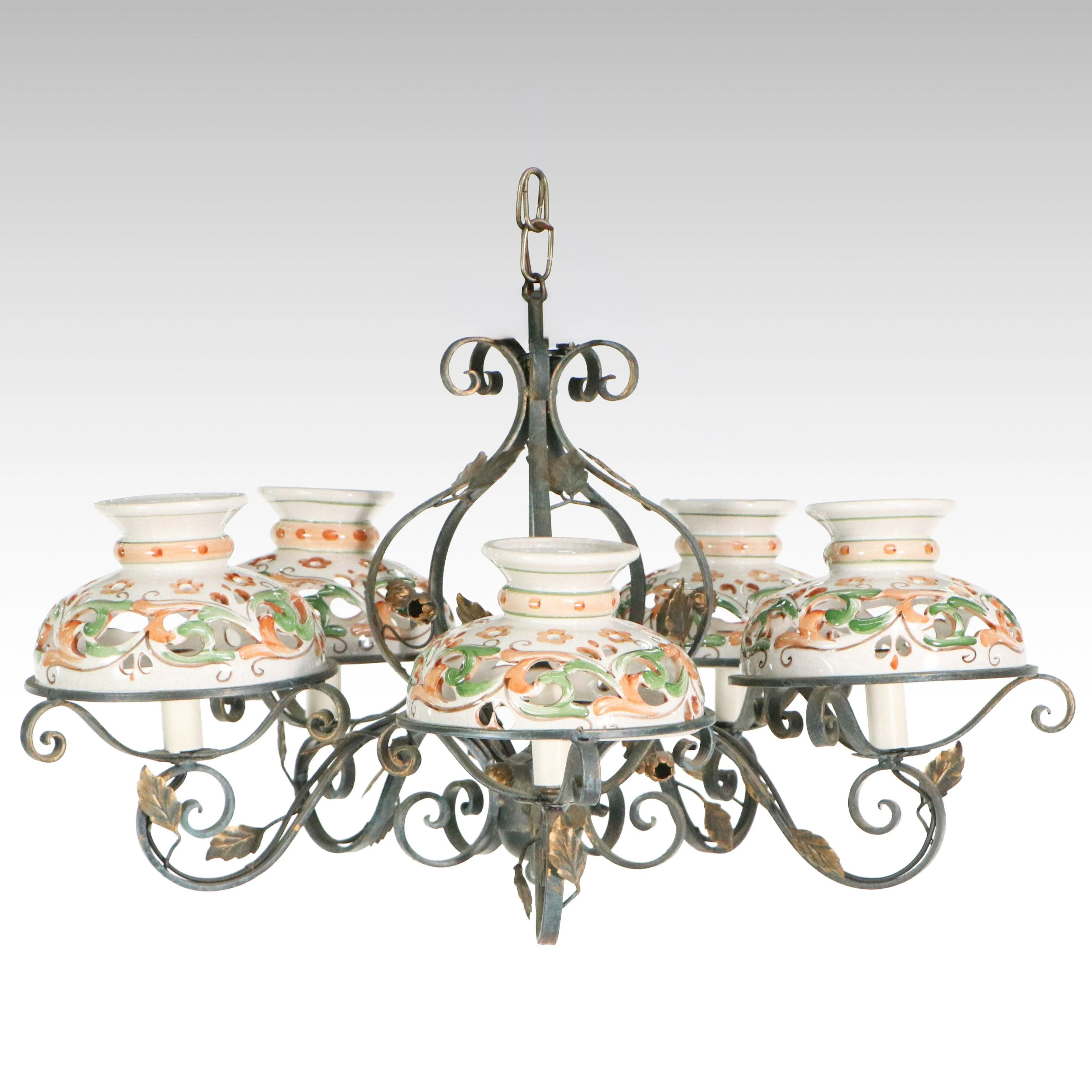 Metal Five Arm Chandelier with Pierced Hand Painted Pottery Shades
