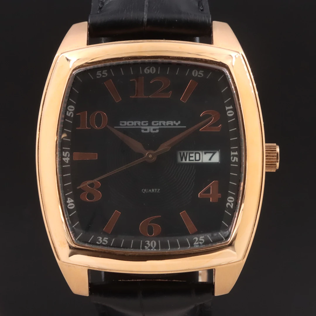 Jorg Gray Rose Tone Tonneau Black Dial Luxury Quartz Watch JG1320-12