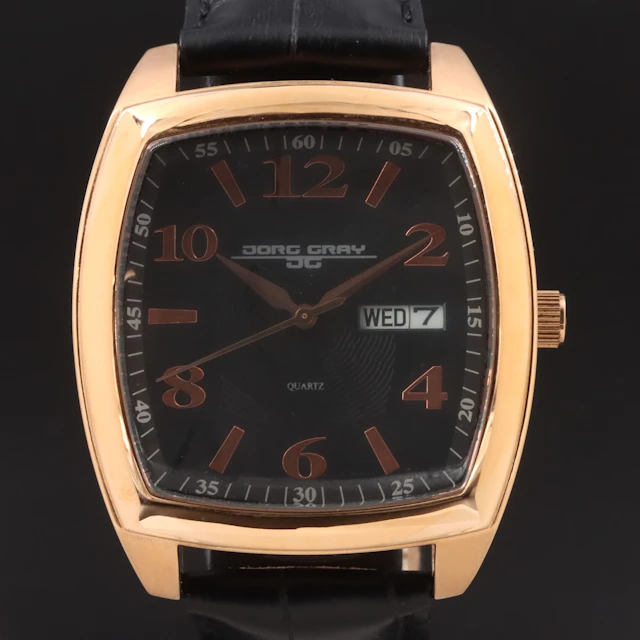 Jorg Gray Rose Tone Tonneau Black Dial Luxury Quartz Watch JG1320-12