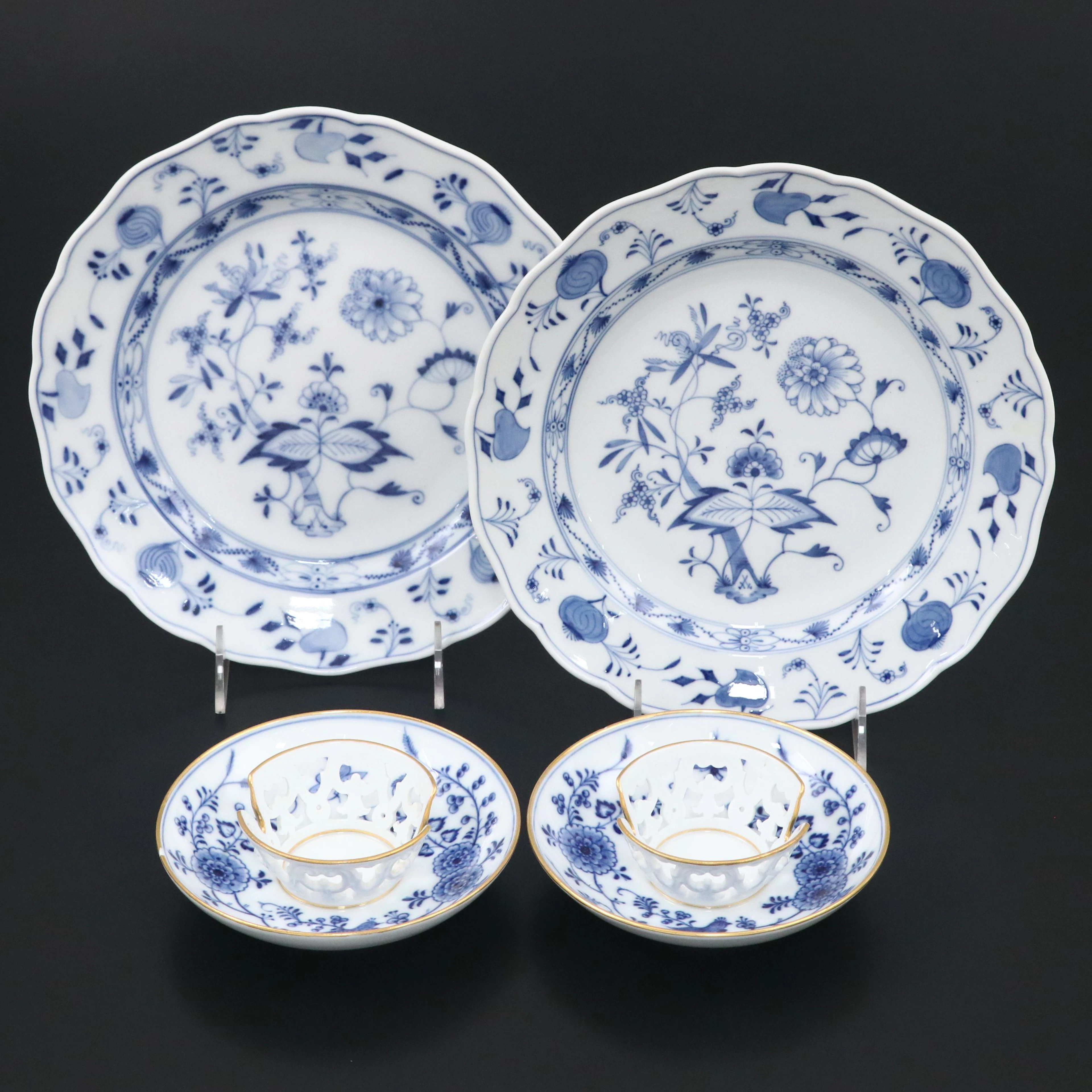 Antique Meissen "Blue Onion" Porcelain Dinner Plates and Cup Holders