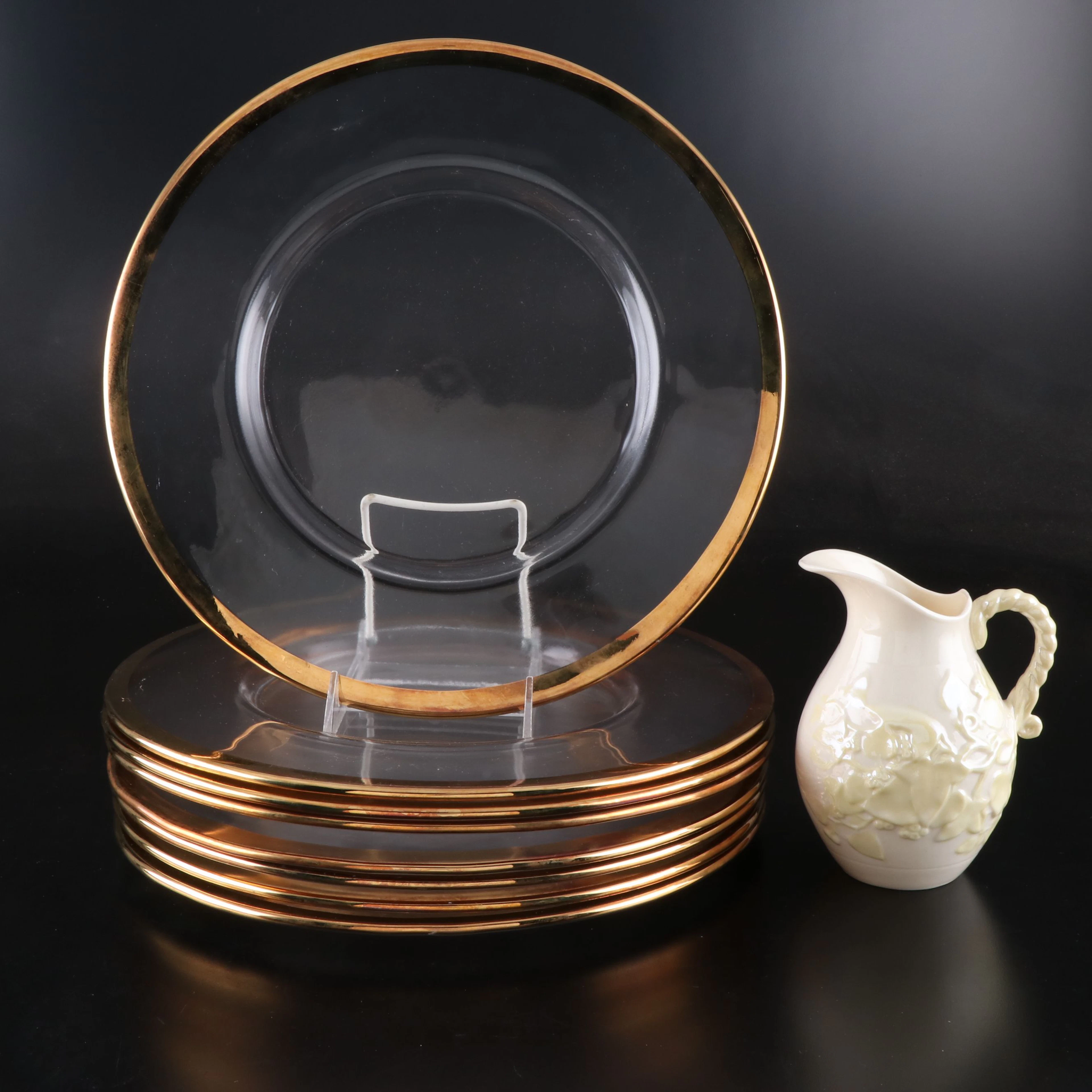 Belleek "Ivy Yellow" Porcelain Pitcher and Gilt Rimmed Chargers