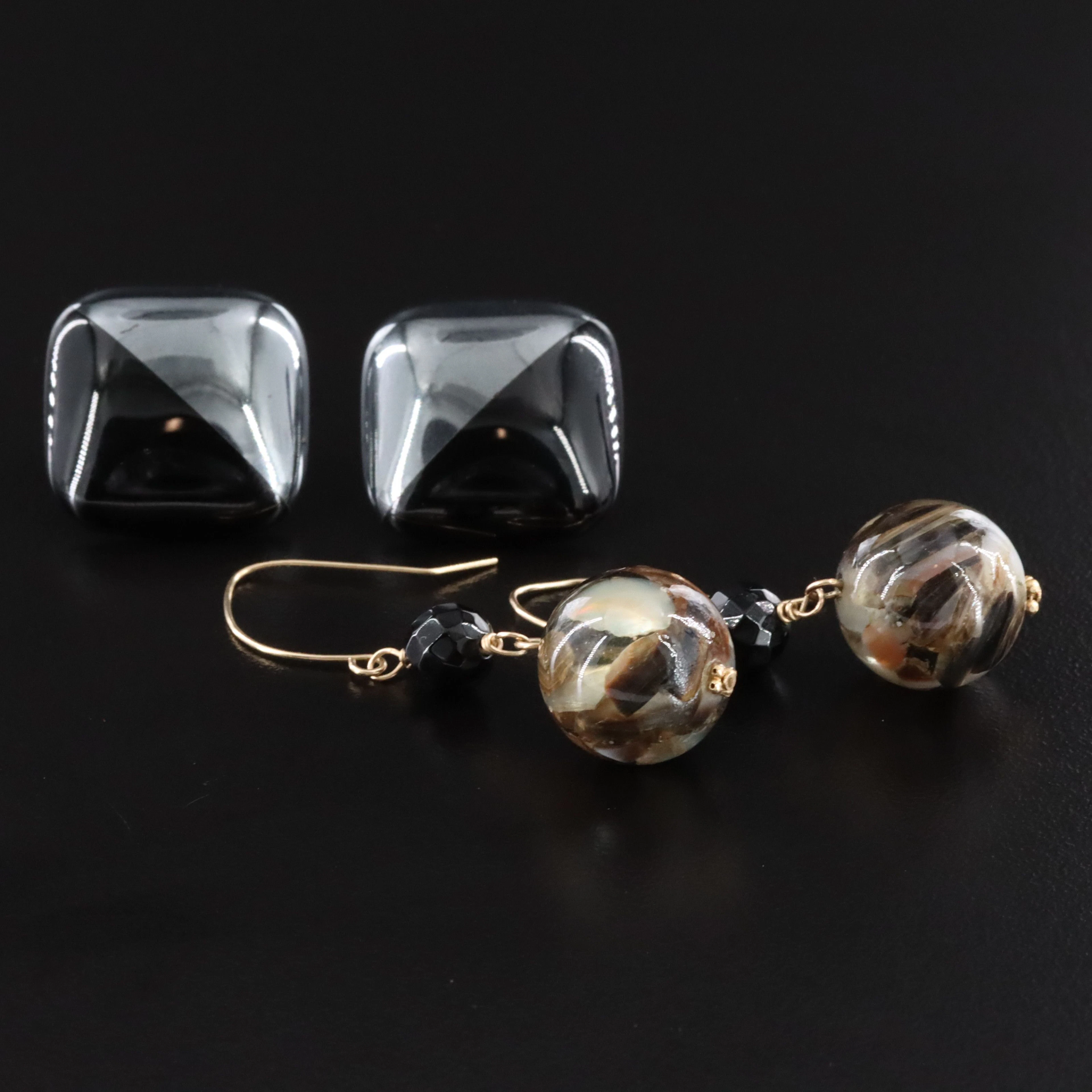 14K Earrings Featuring Art Glass and Black Onyx & Hematite
