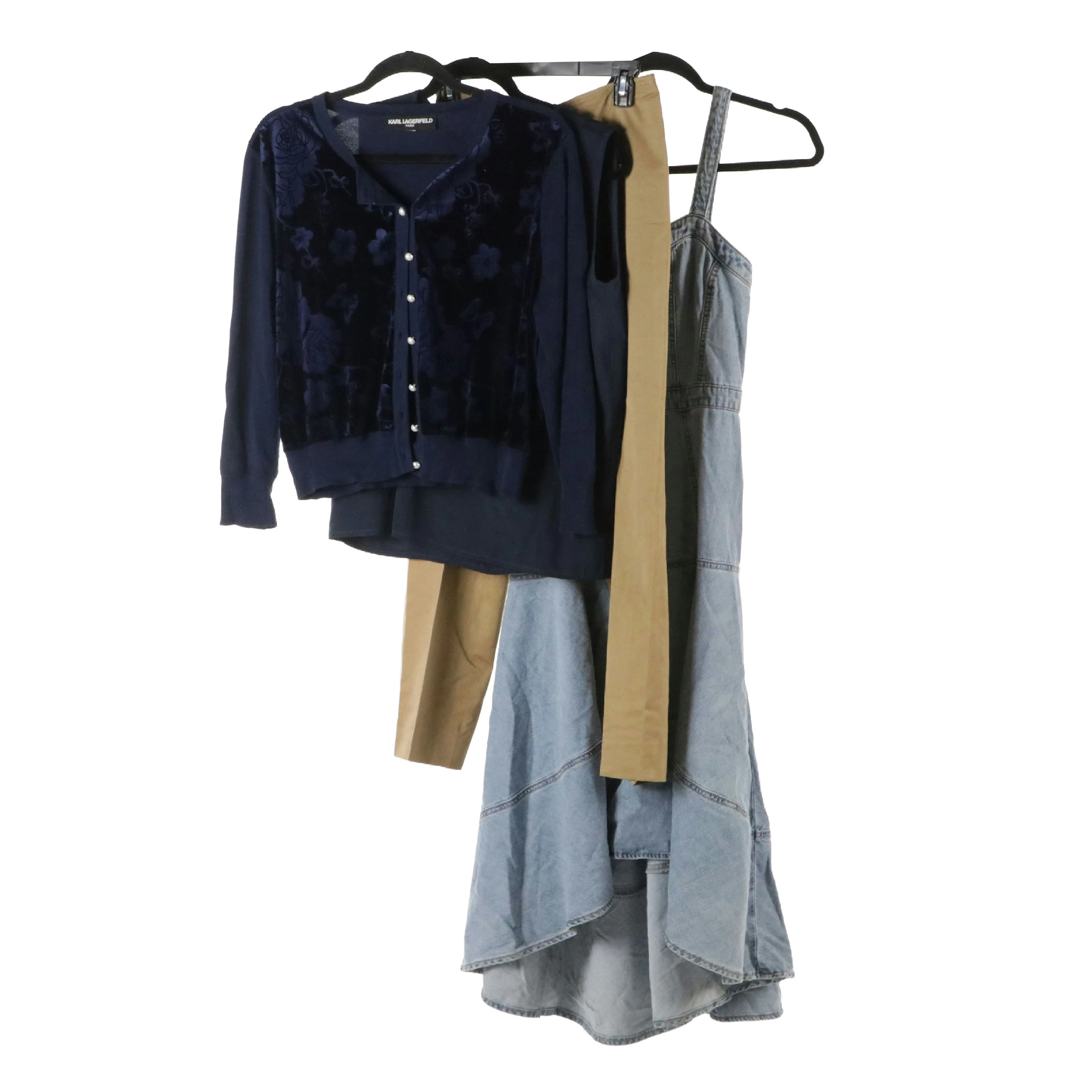 Karl Lagerfeld Cardigan, Jewel by Badgley Mischka Denim Dress and