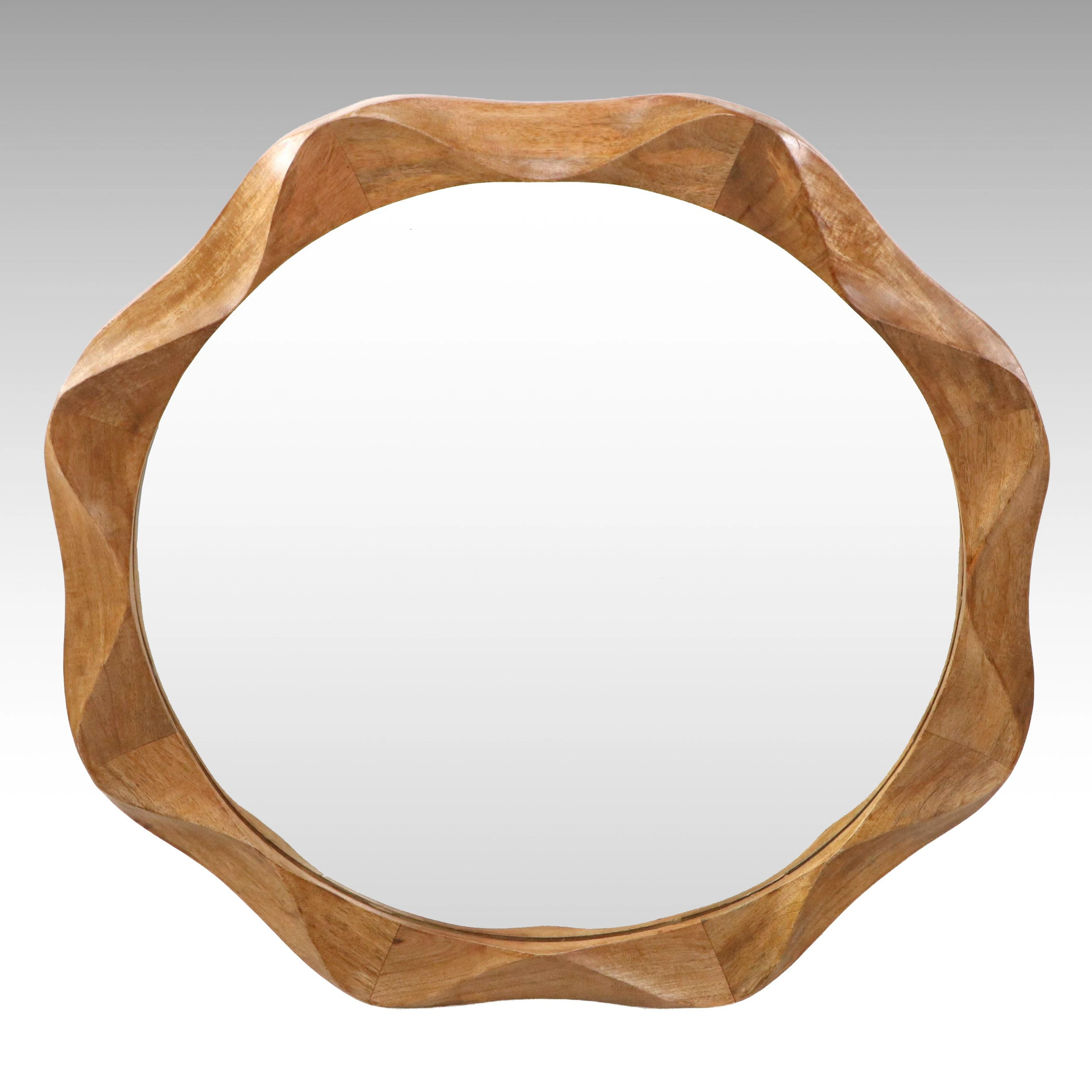 Contemporary Sculptural Wooden Frame Round Wall Mirror