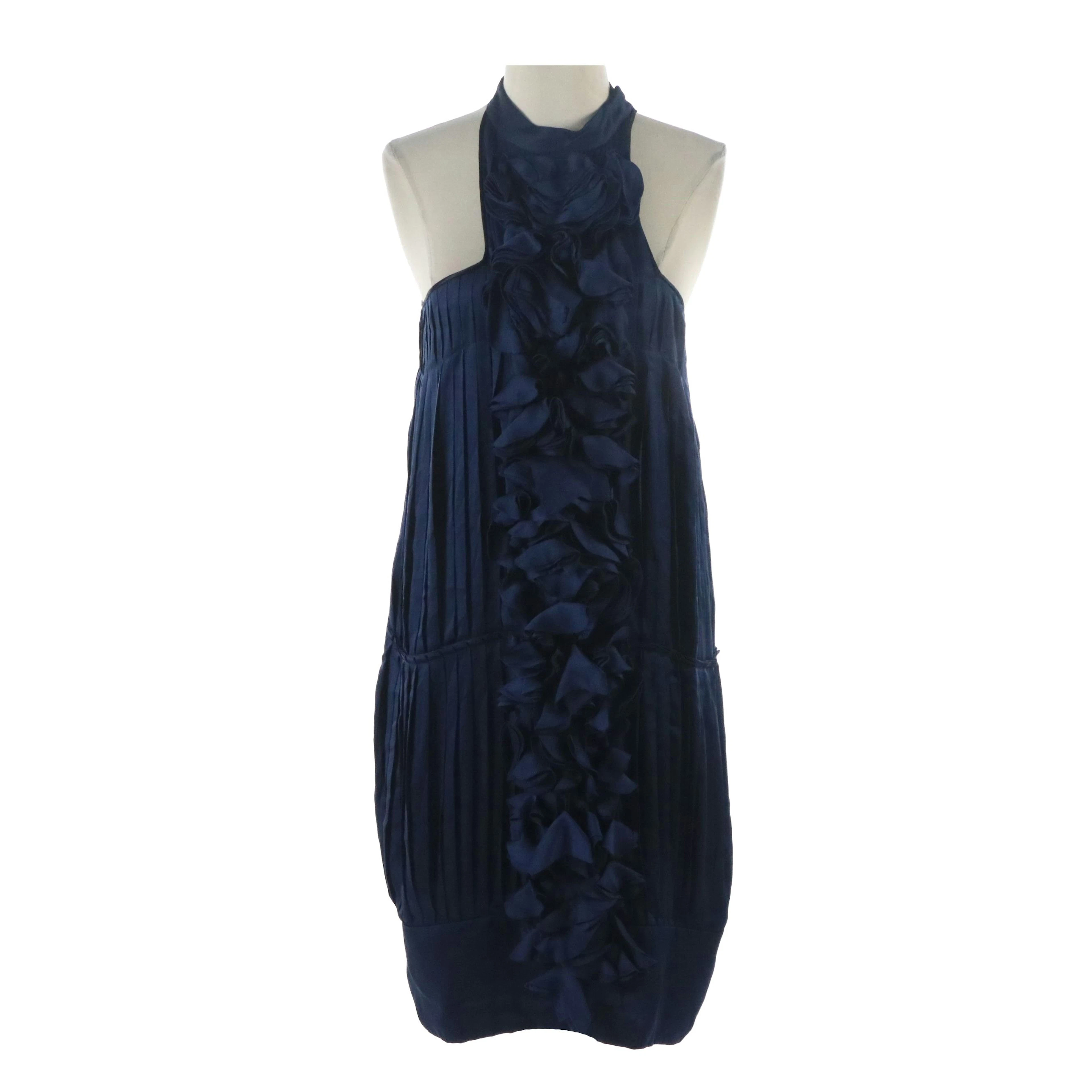 Valentino Blue Ruffled and Pleated Silk Sleeveless Cocktail Dress