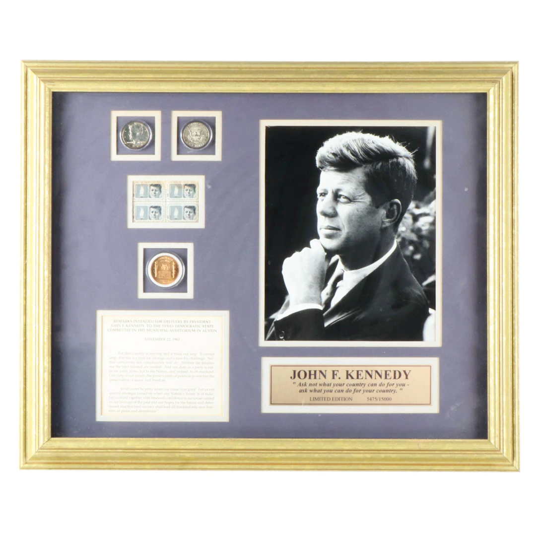 Framed JFK Commemorative Coin and Stamp Set