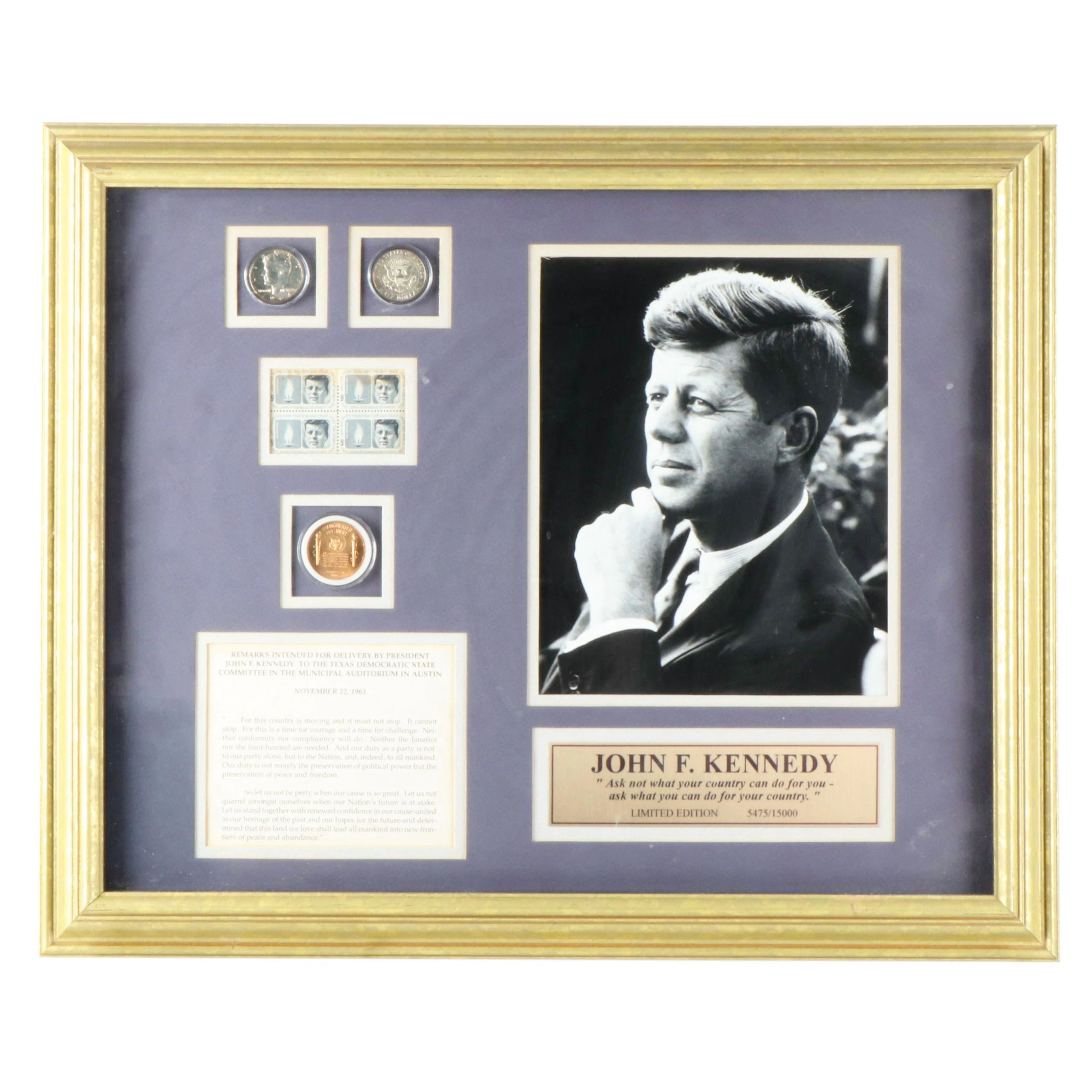Framed JFK Commemorative Coin and Stamp Set