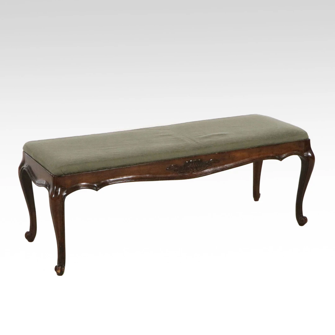 French Provincial Style Carved Walnut Finish Long Bench with Upholstered
