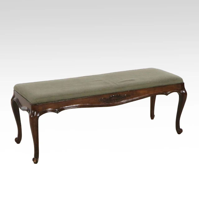 French Provincial Style Carved Walnut Finish Long Bench with Upholstered