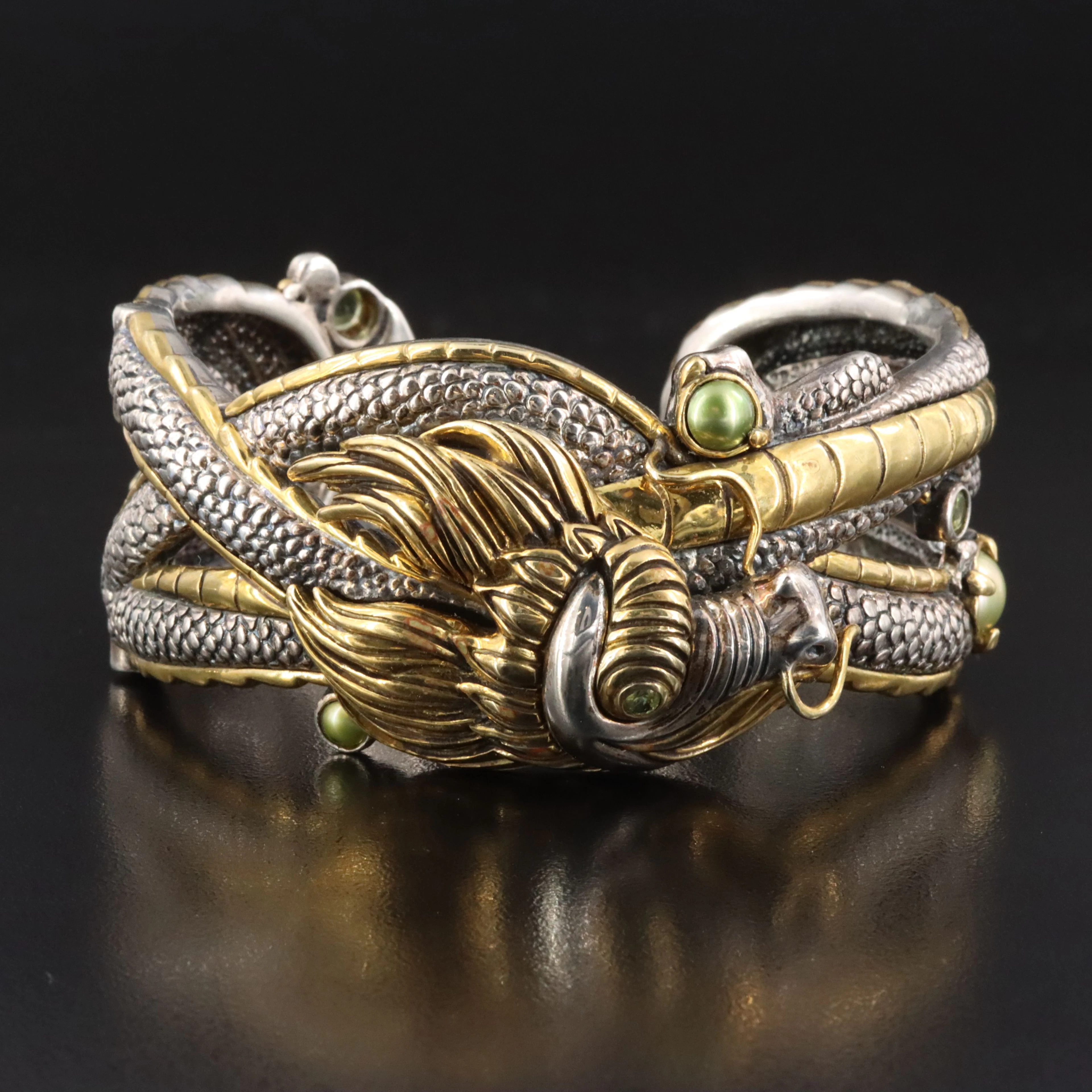 Sterling & Bronze Pearl and Peridot Eastern Dragon Cuff Bracelet