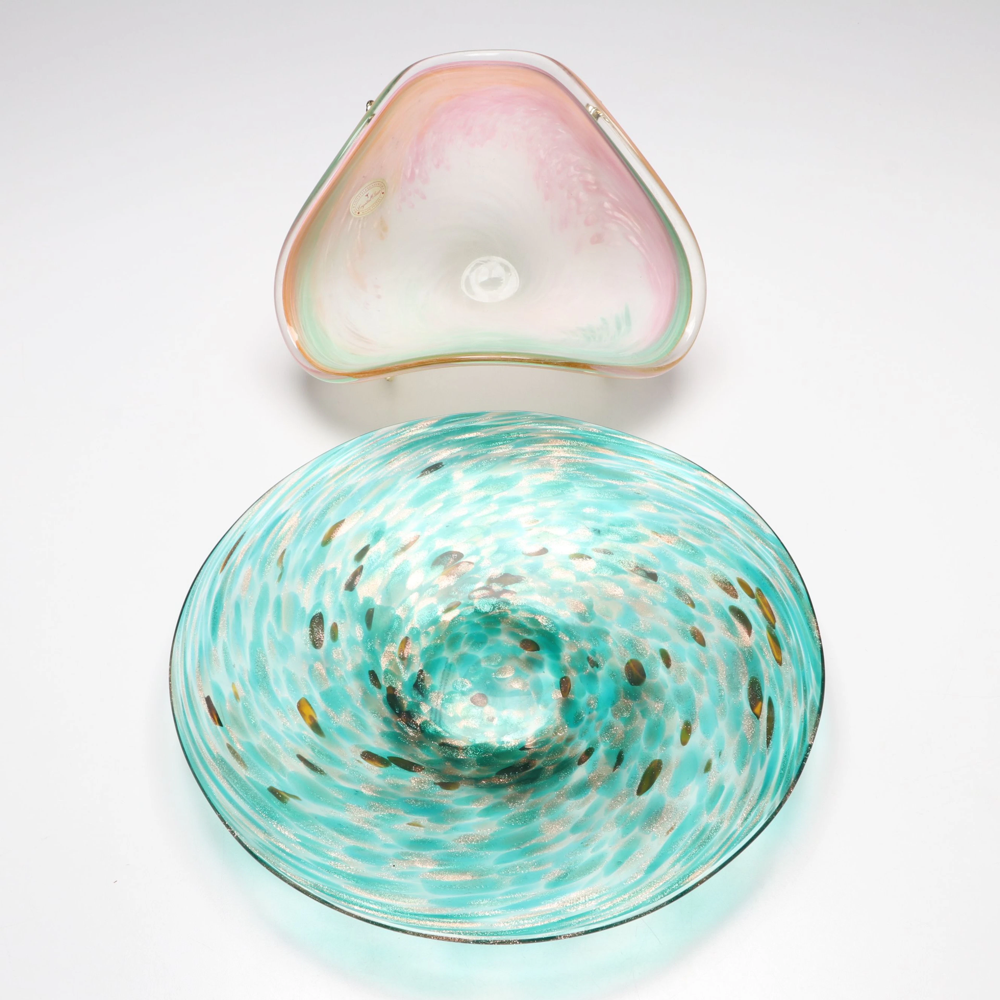Murano Multicolored Glass Bowl with Green Swirled Glass Plate and Stand
