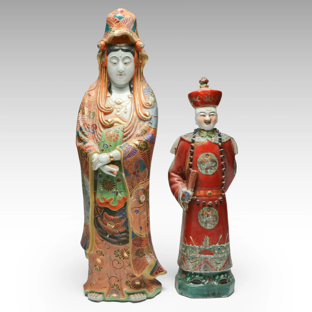 Japanese Kutani Porcelain Kannon with Chinese Court Figure, Mid to Late 20th C.