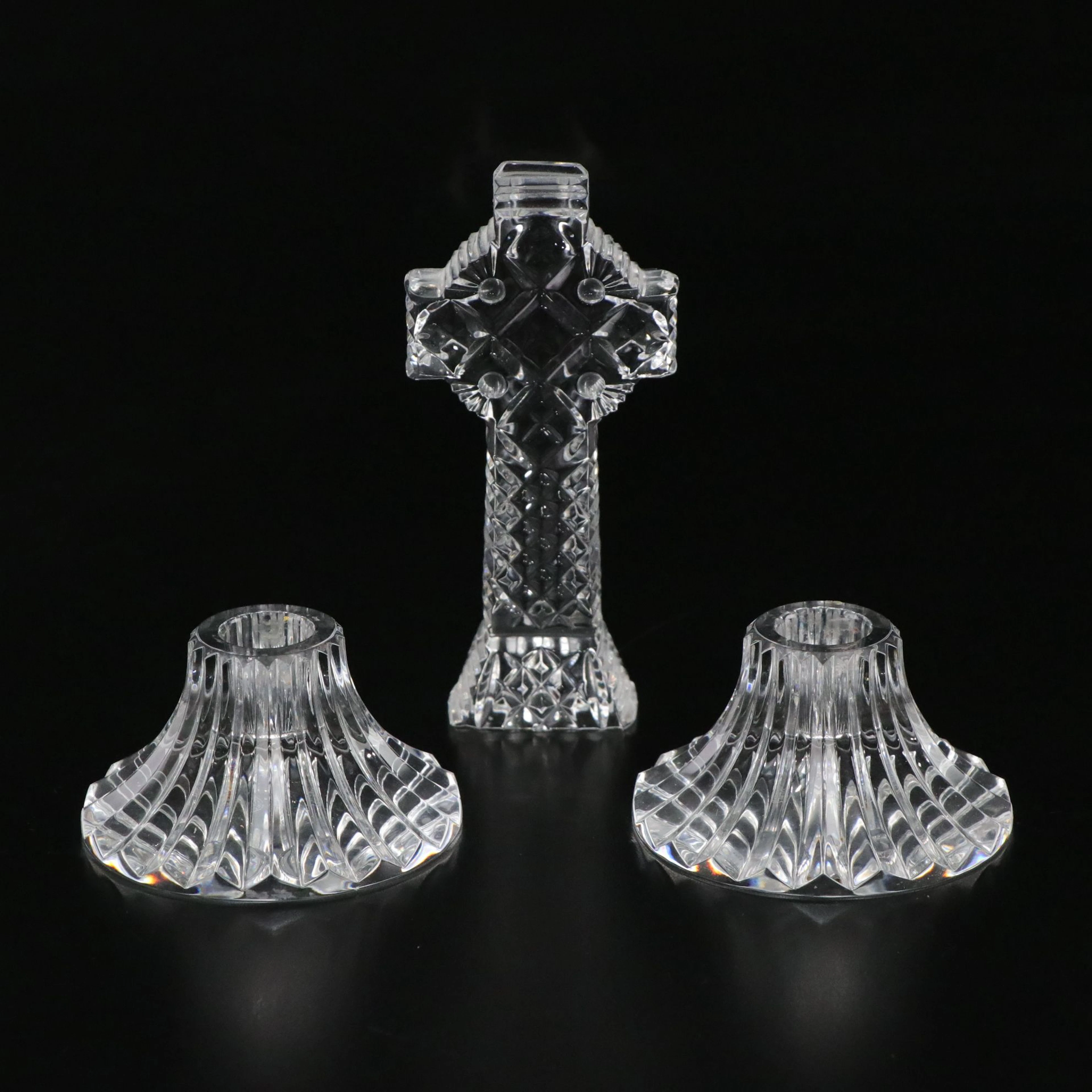 Waterford Crystal Celtic Irish Standing Cross with Baccarat Candle Holders