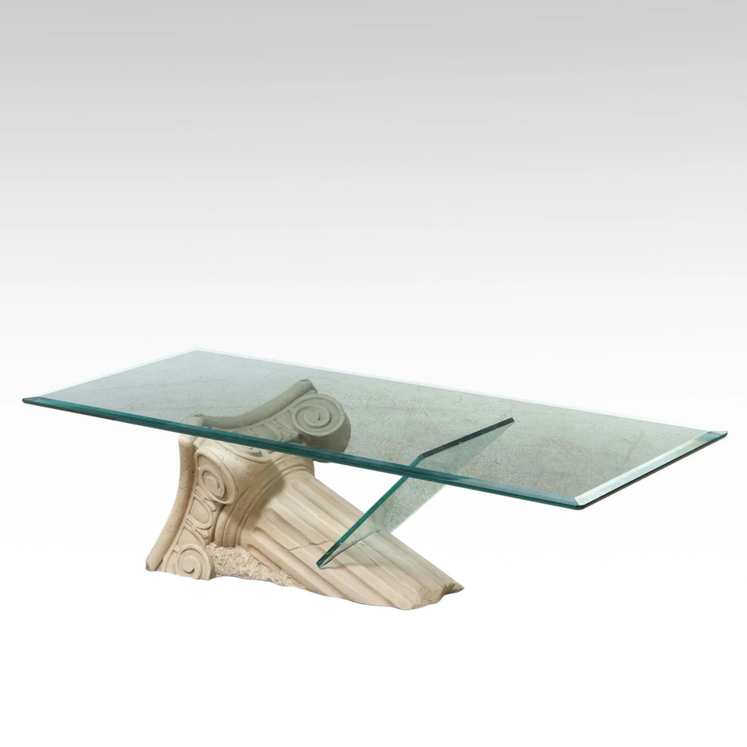Ionic Column-Form Molded Resin Glass Top Coffee Table, Late 20th Century