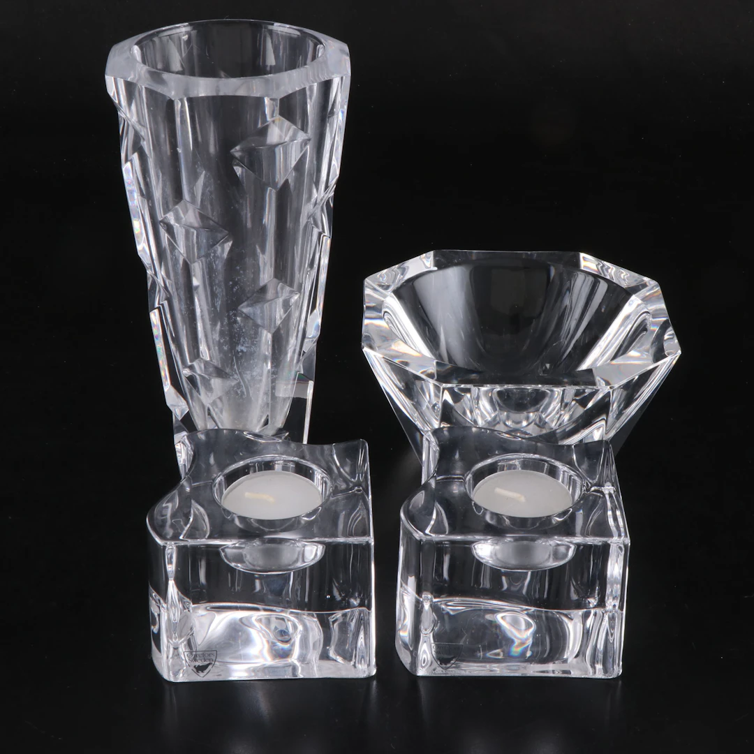Orrefors Crystal Vase, Decorative Bowl, and Votive Holder Pair