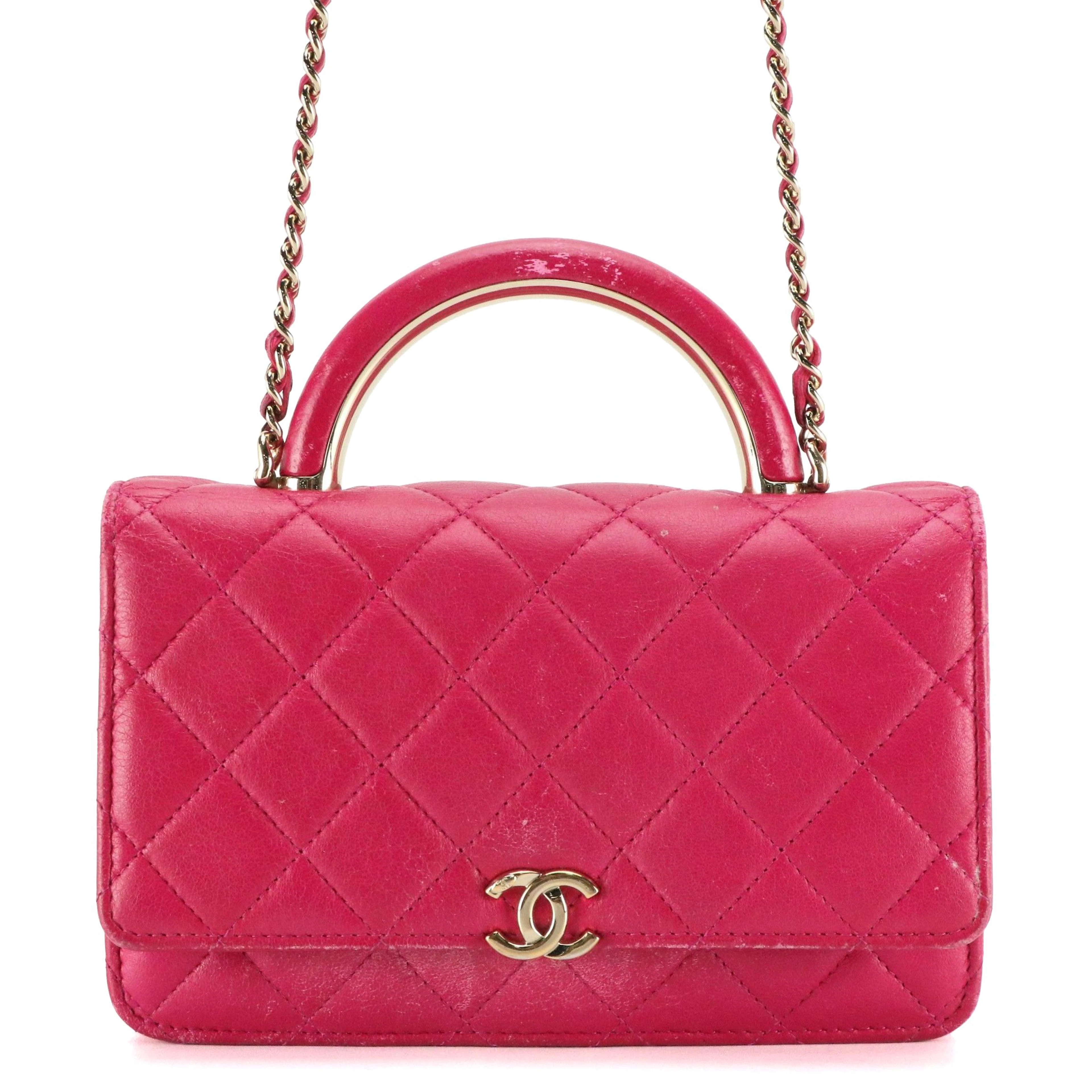 Chanel Top Handle Wallet on Chain in Fuchsia Quilted Lambskin Leather