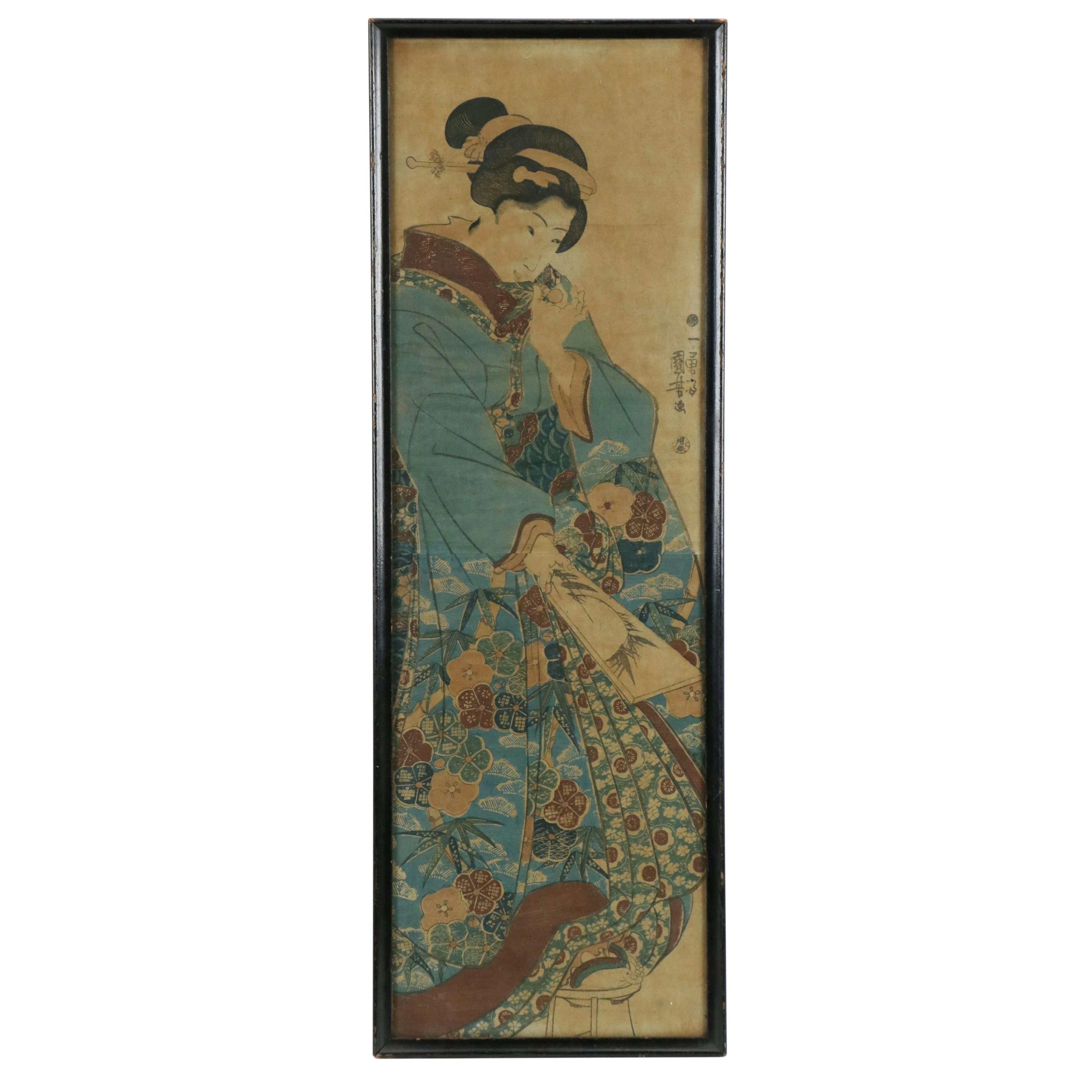 Utagawa Kuniyoshi Woodblock "Young Woman with a Battledore," Mid-19th Century