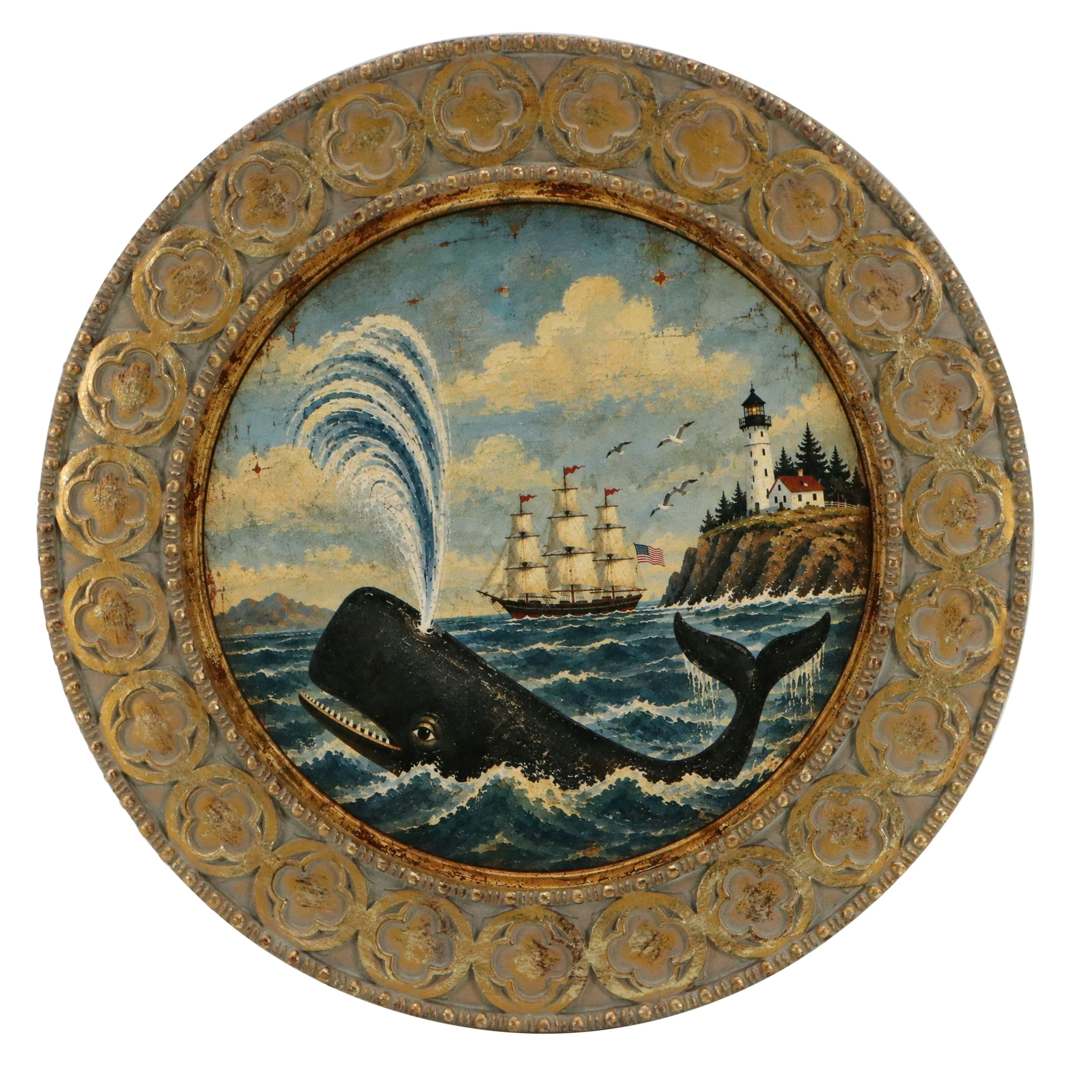 Americana Folk Art Style Giclée of Sperm Whale and Coastal Scene, 21st Century