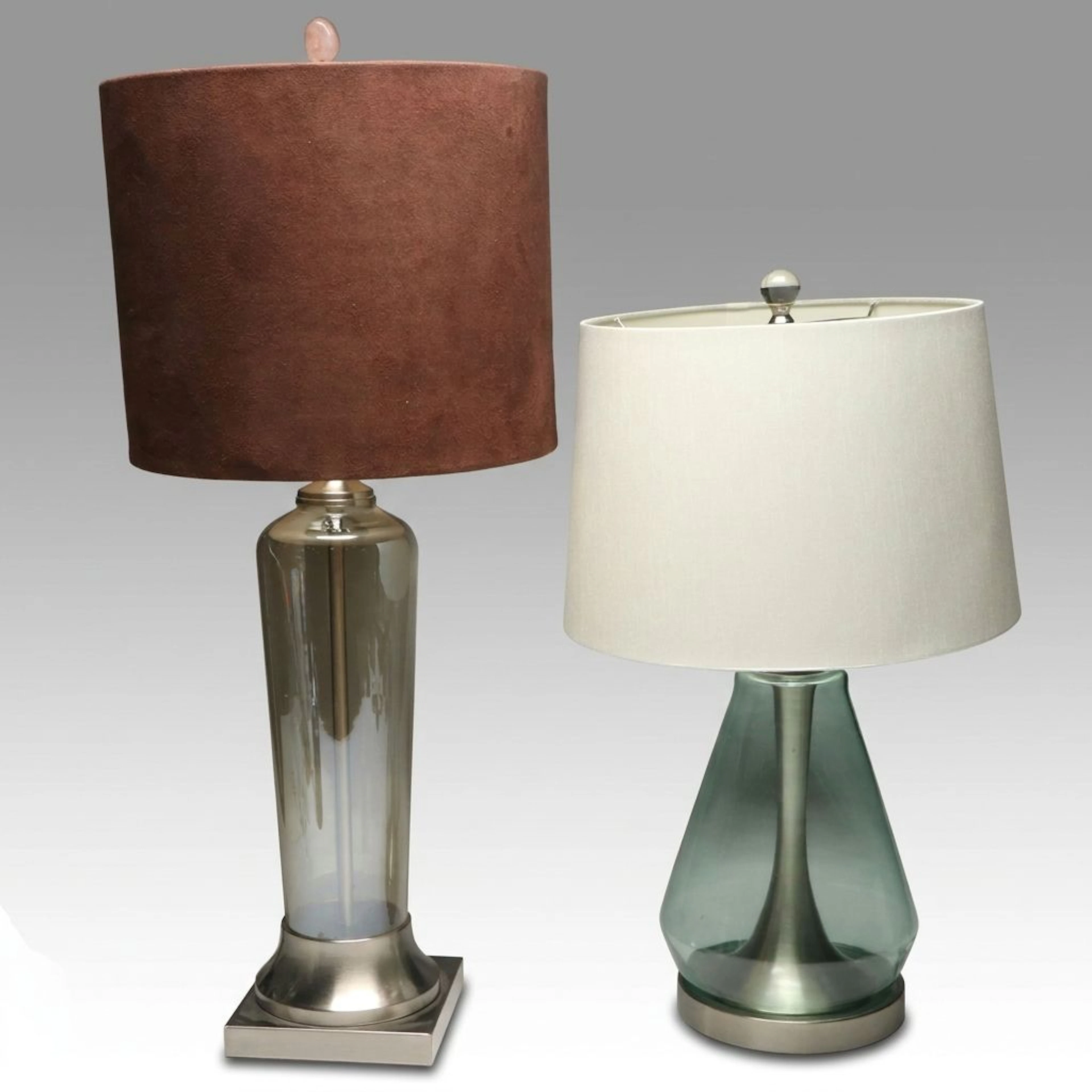 Contemporary Glass Table Lamps with Suede and Fabric Drum Shades