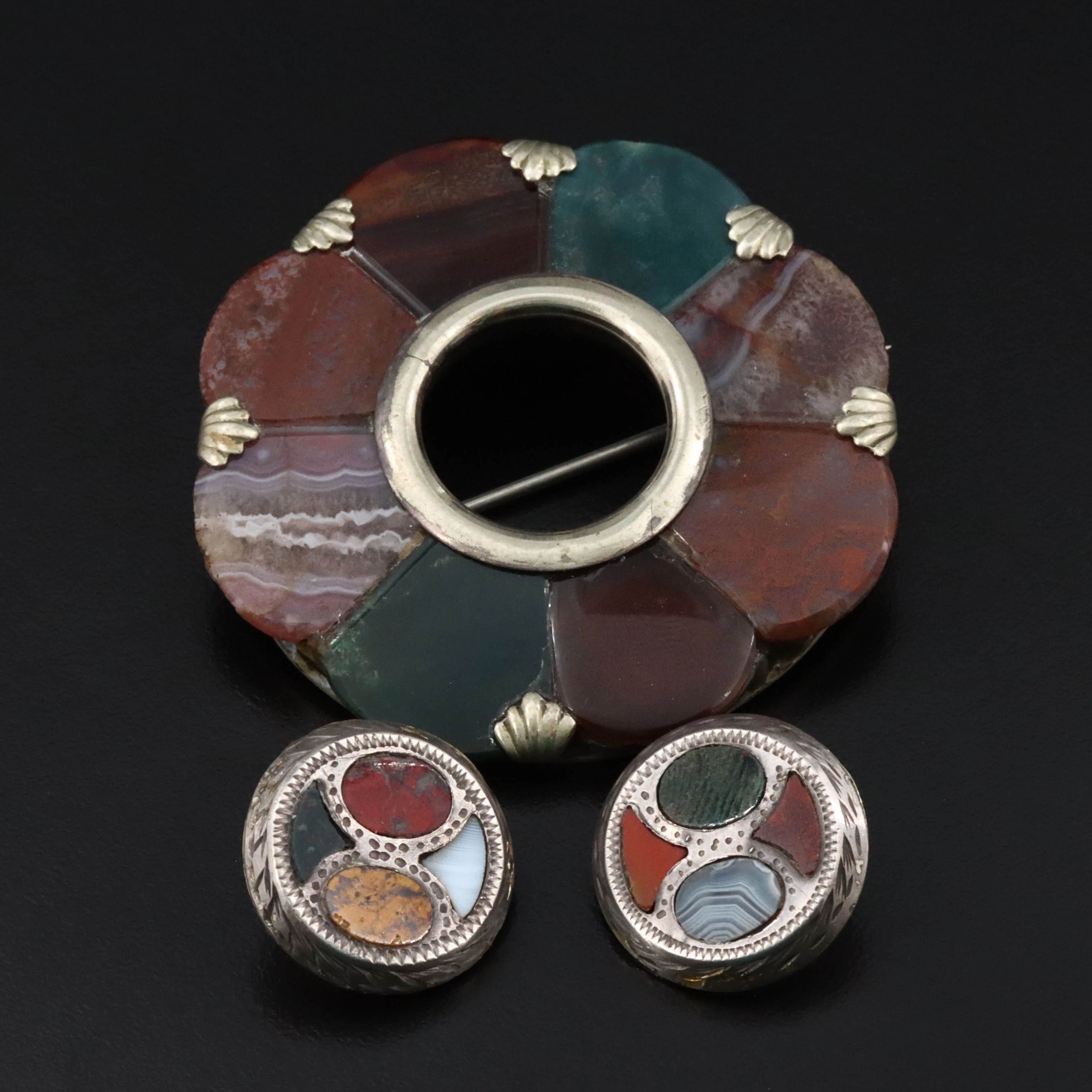 Sterling Earrings and Victorian Brooch Featuring Agate, Bloodstone and Jasper