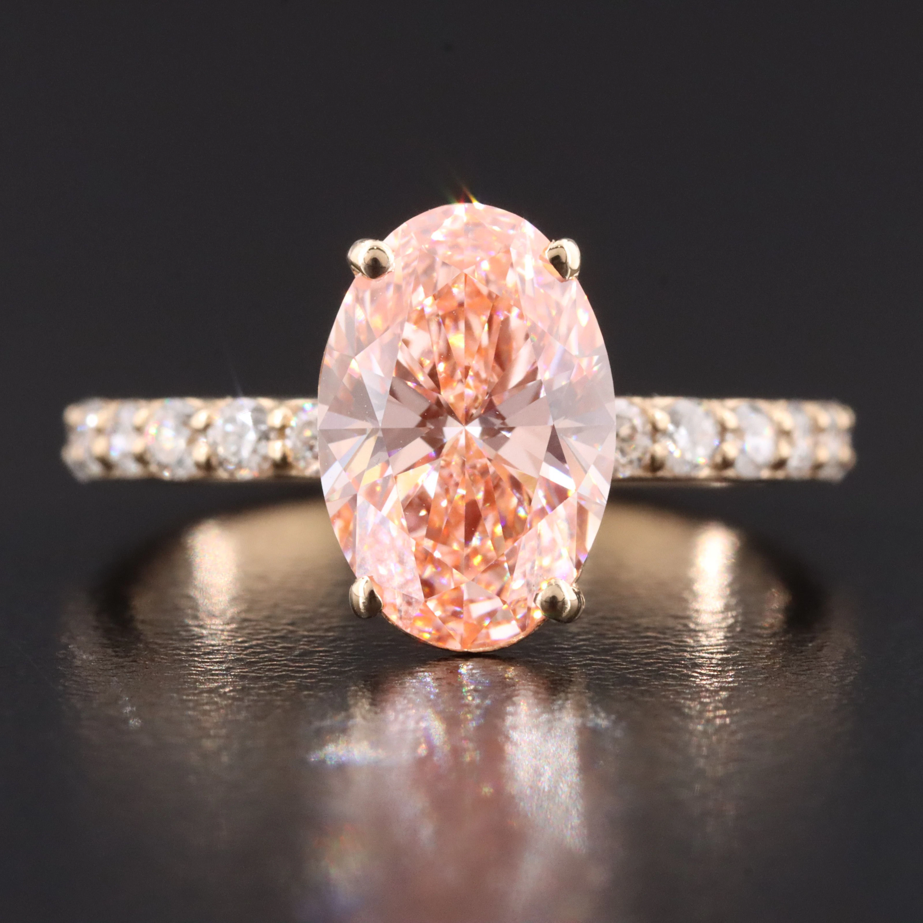 14K 2.97 CTW Lab Grown Diamond Ring with Fancy Vivid Pink Center & IGI Report