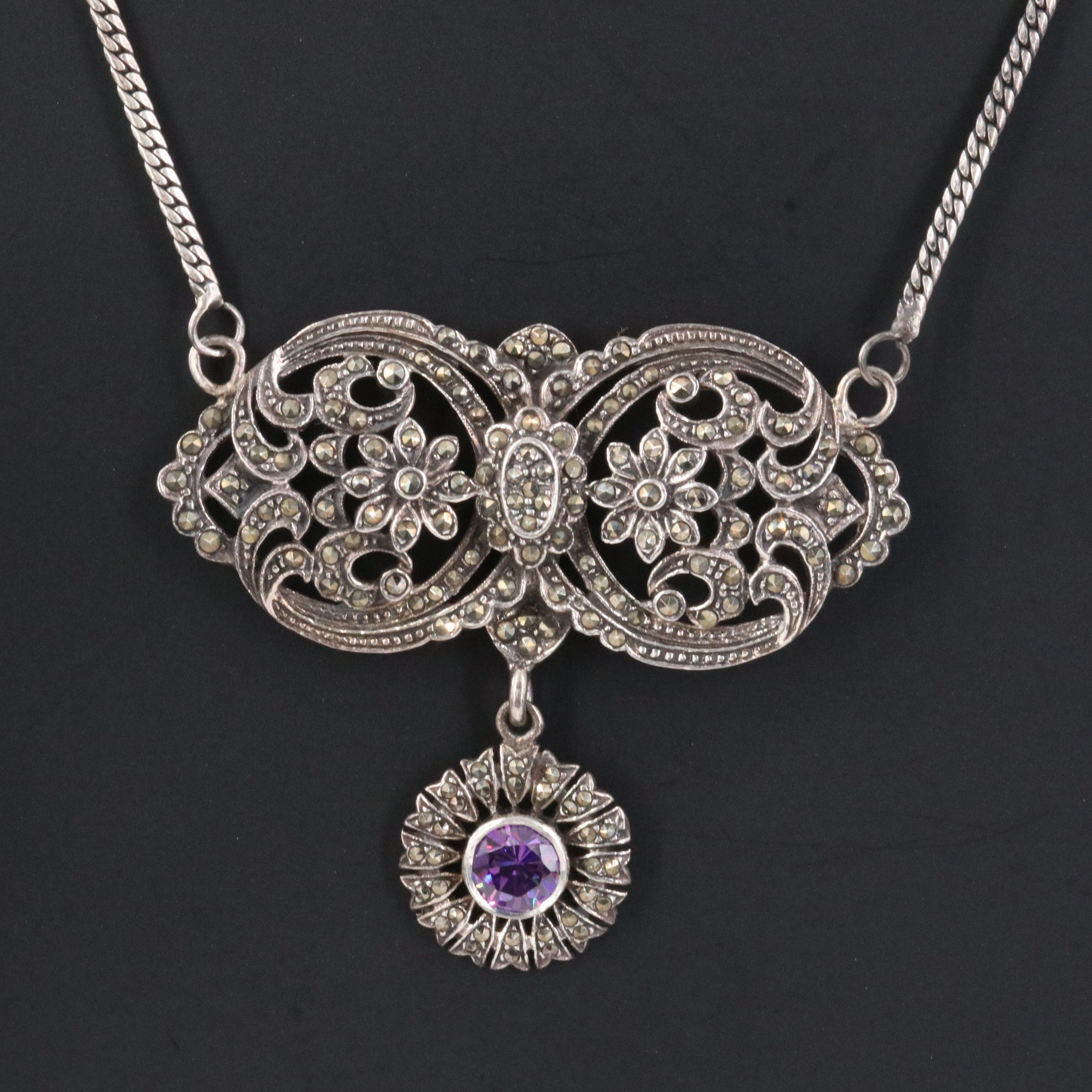 Sterling Floral Marcasite and CZ Necklace