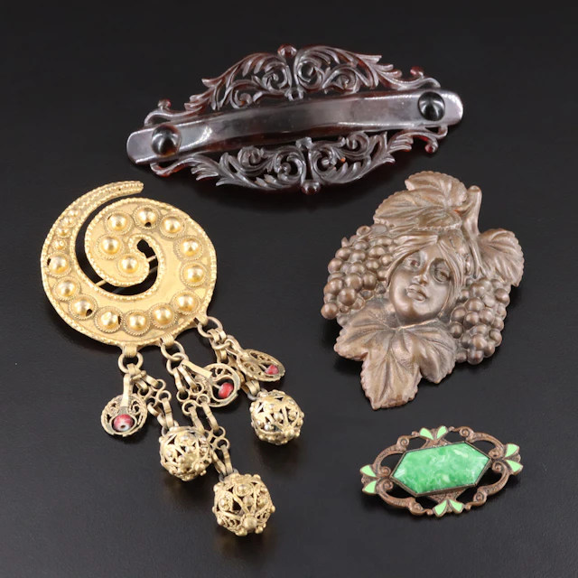 Victorian Carved Tortoiseshell Hair Barette Featured in Vintage Jewelry