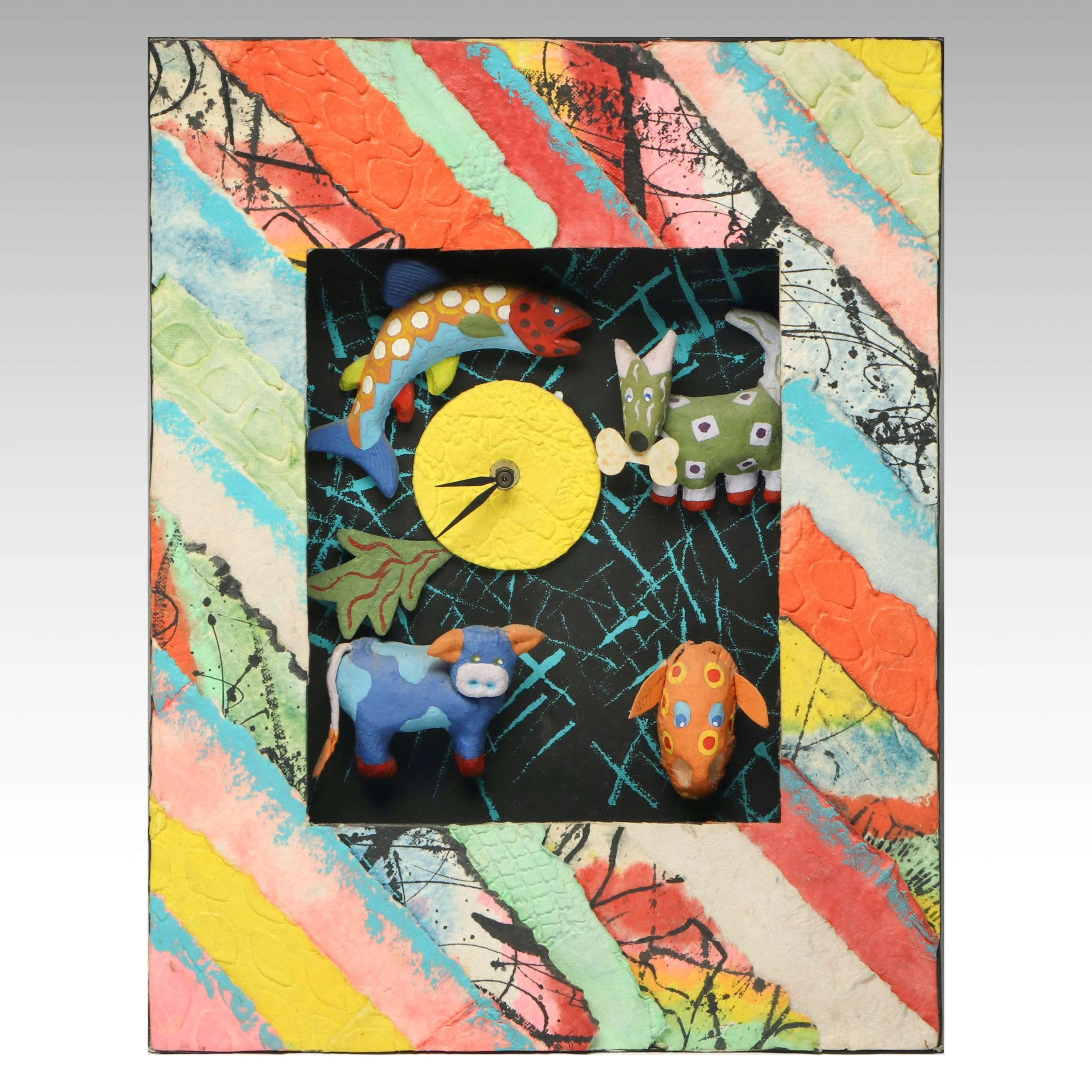 Handcrafted Memphis Style Wall Clock with Multicolor Animals, Late 20th C.
