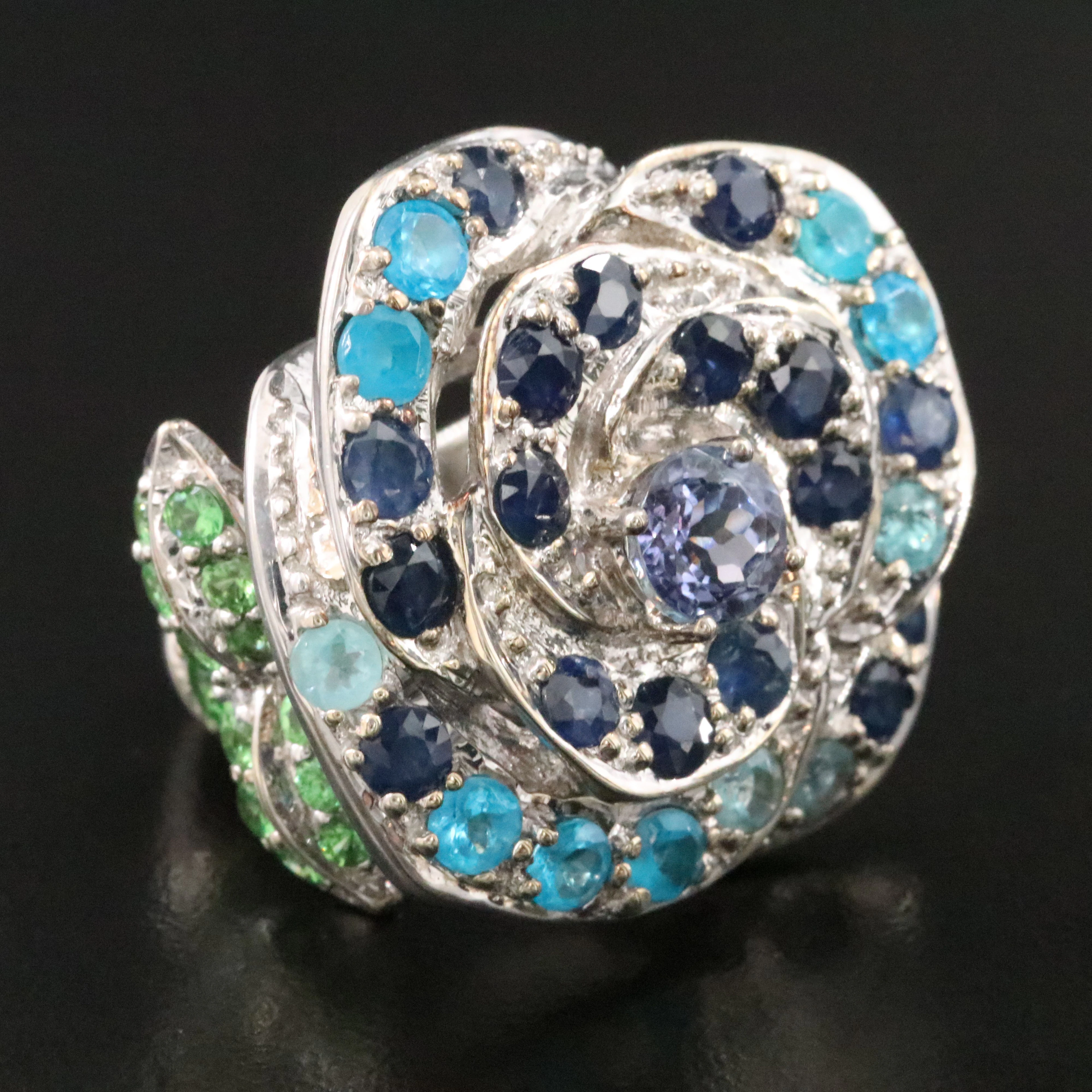 9K Tanzanite, Sapphire, Apatite, and Diopside Flower Ring