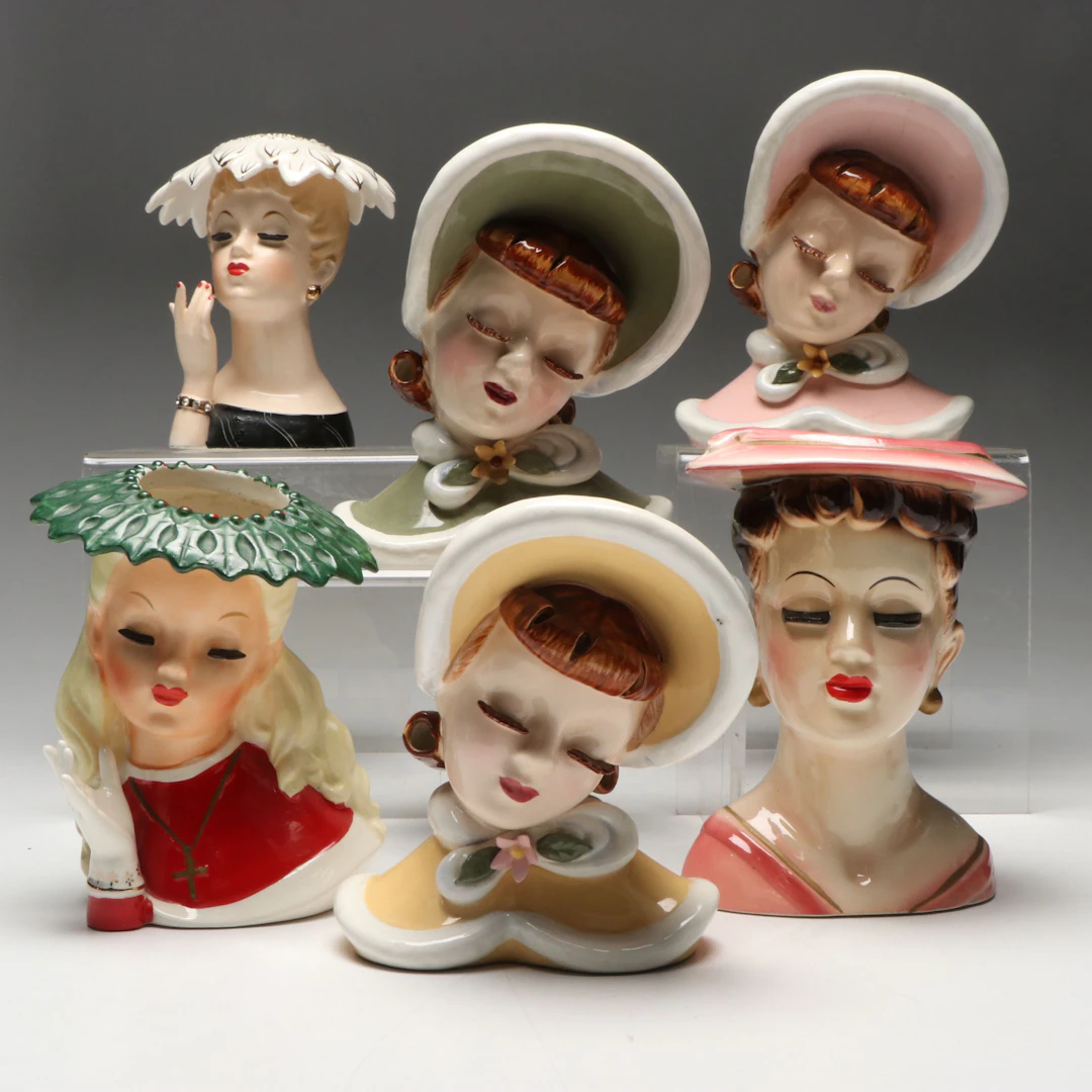 Lady Head "Ginger" Wall Pockets with Other Ceramic Vessels, Mid-20th C.
