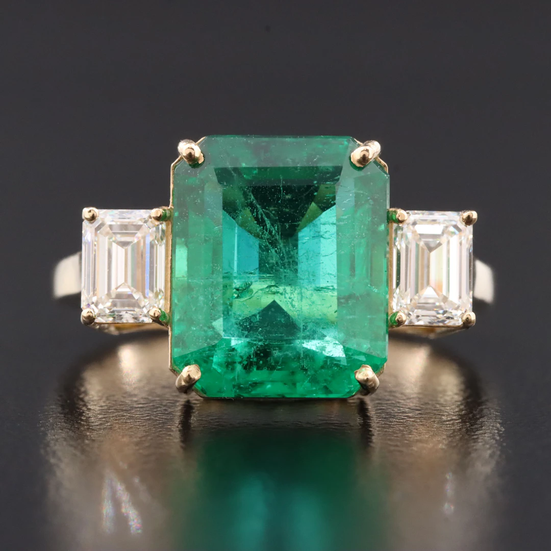 18K 4.91 CT Zambian Emerald and Diamond Ring with GIA Reports
