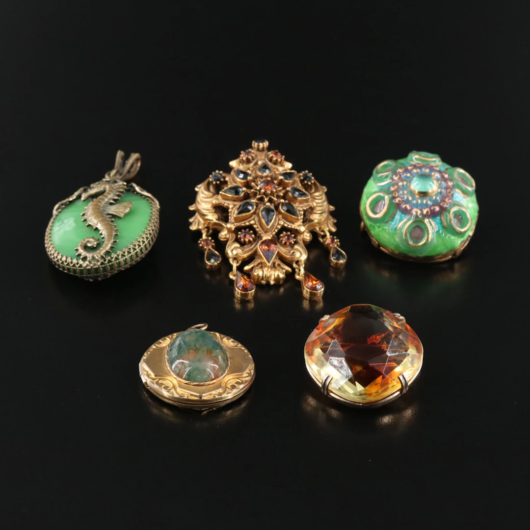 French Nelly Amadieu, Antique Moss Agate Locket & Florenza Featured in Jewelry
