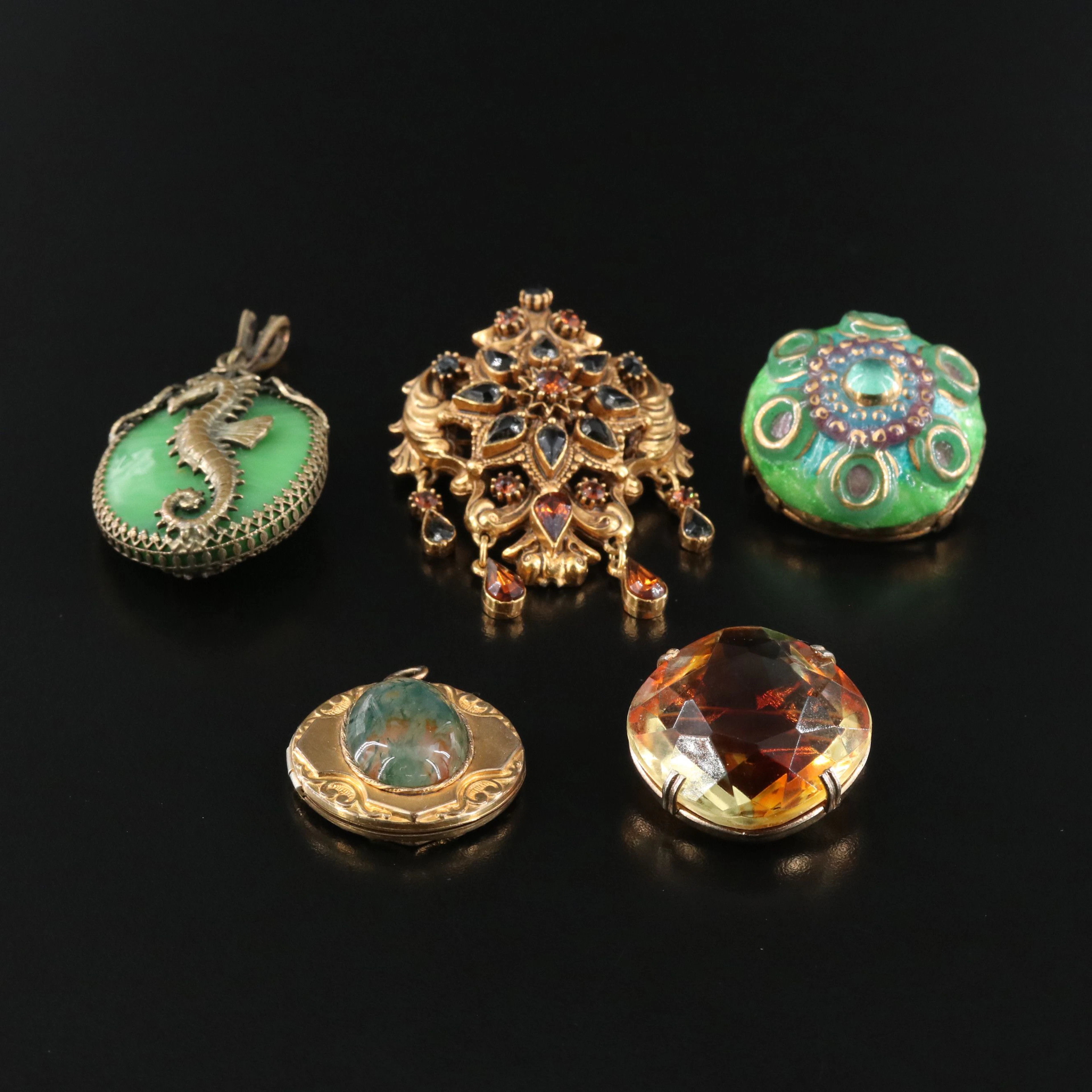 French Nelly Amadieu, Antique Moss Agate Locket & Florenza Featured in Jewelry