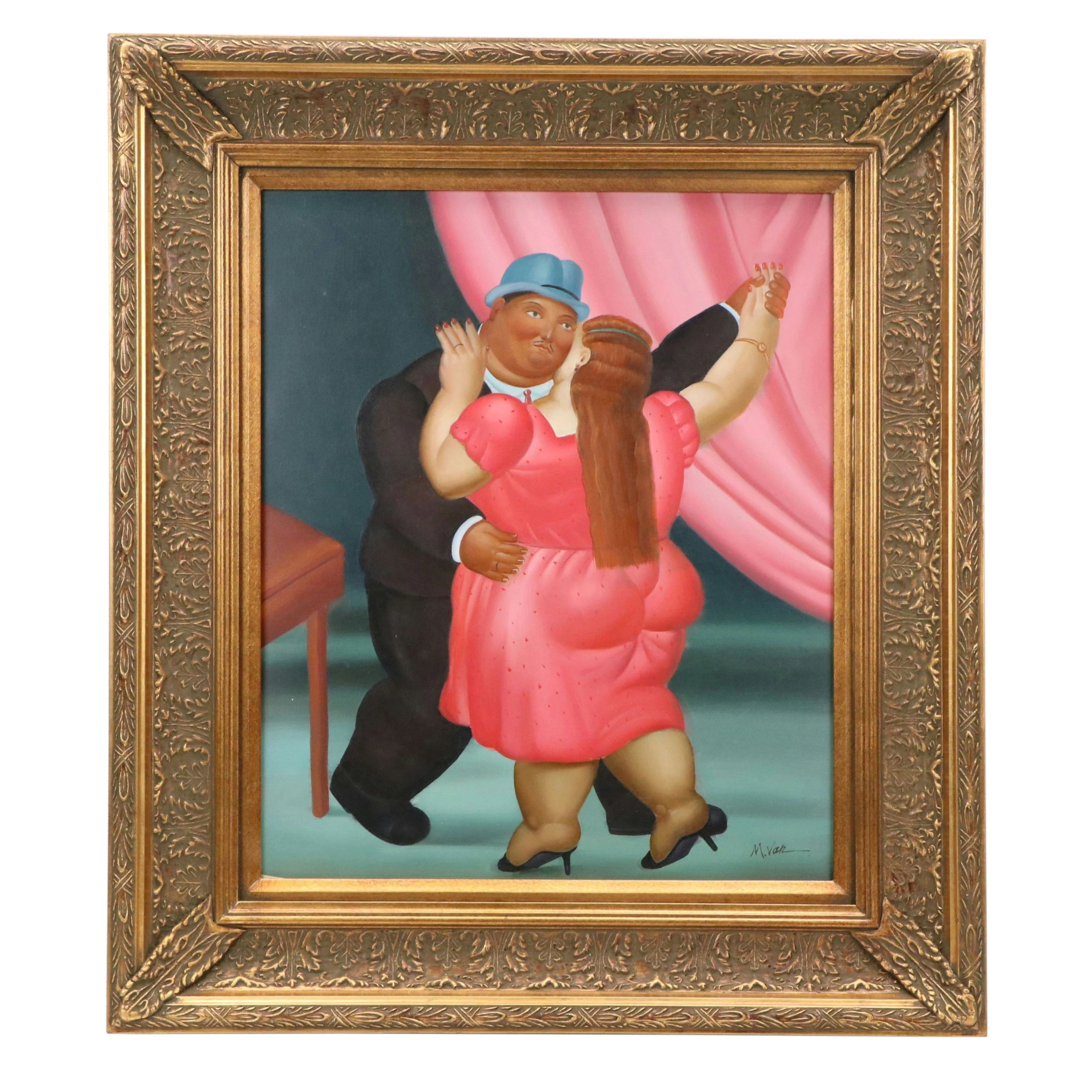 After Fernando Botero Oil Painting of Couple Dancing