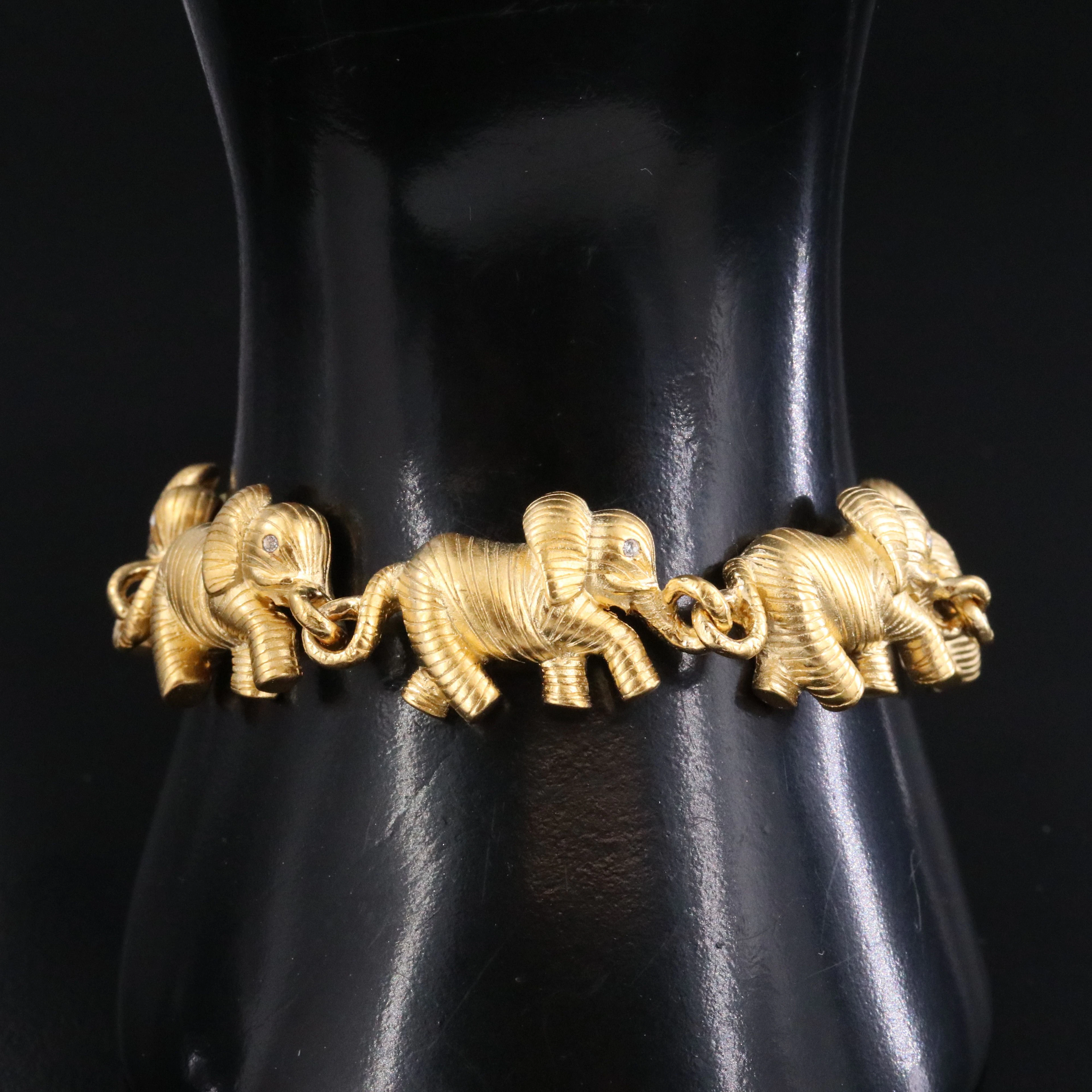 1980s Bob Mackie Elephants Chasing Peanut Bracelet with Rhinestone Eyes
