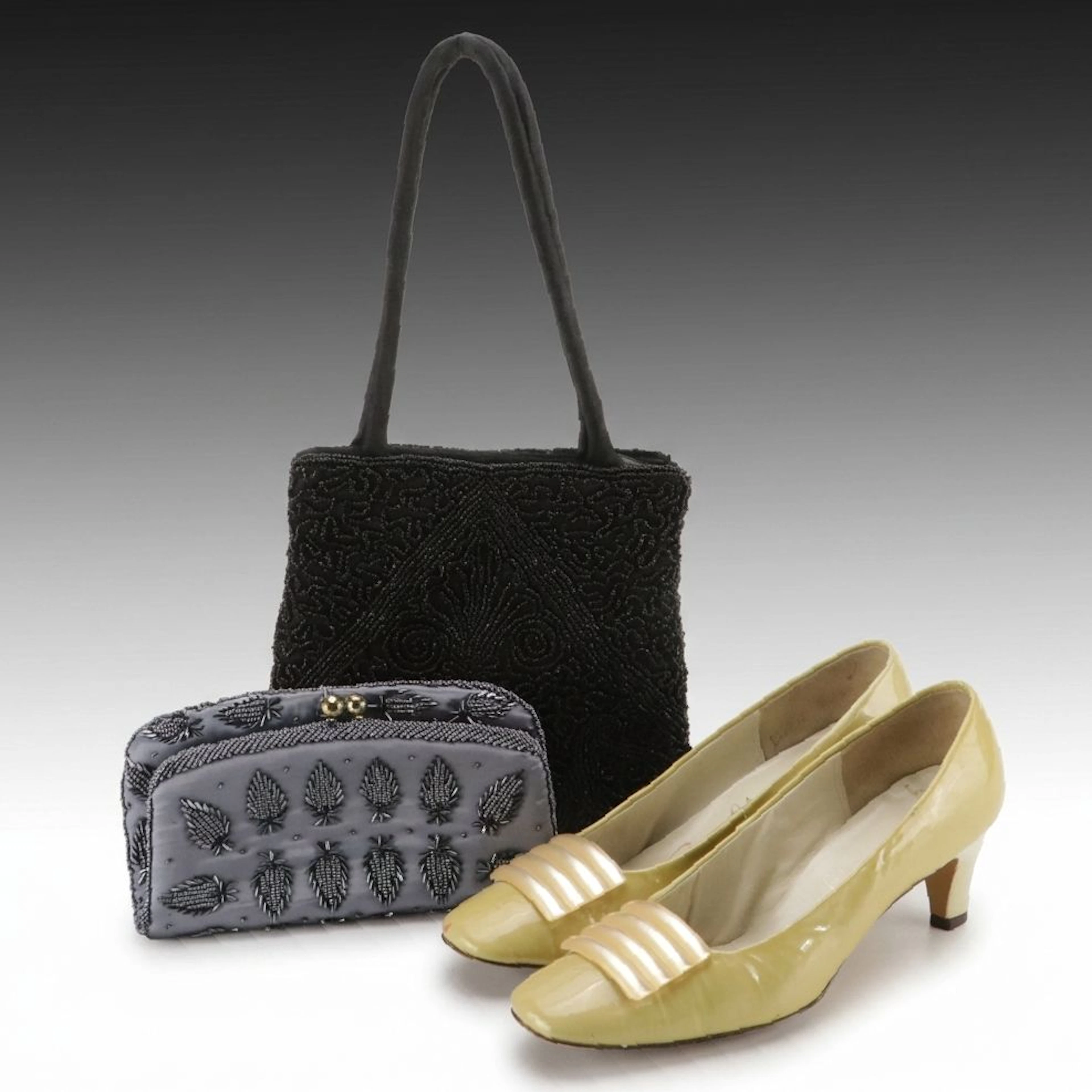Beaded Handbag and Foldover Clutch Purse with Socialites Patent Leather Pumps