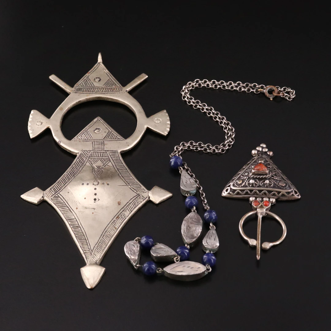 Sterling Blue Quartzite and Coral Pennanular Brooch & African Tuareg Cross