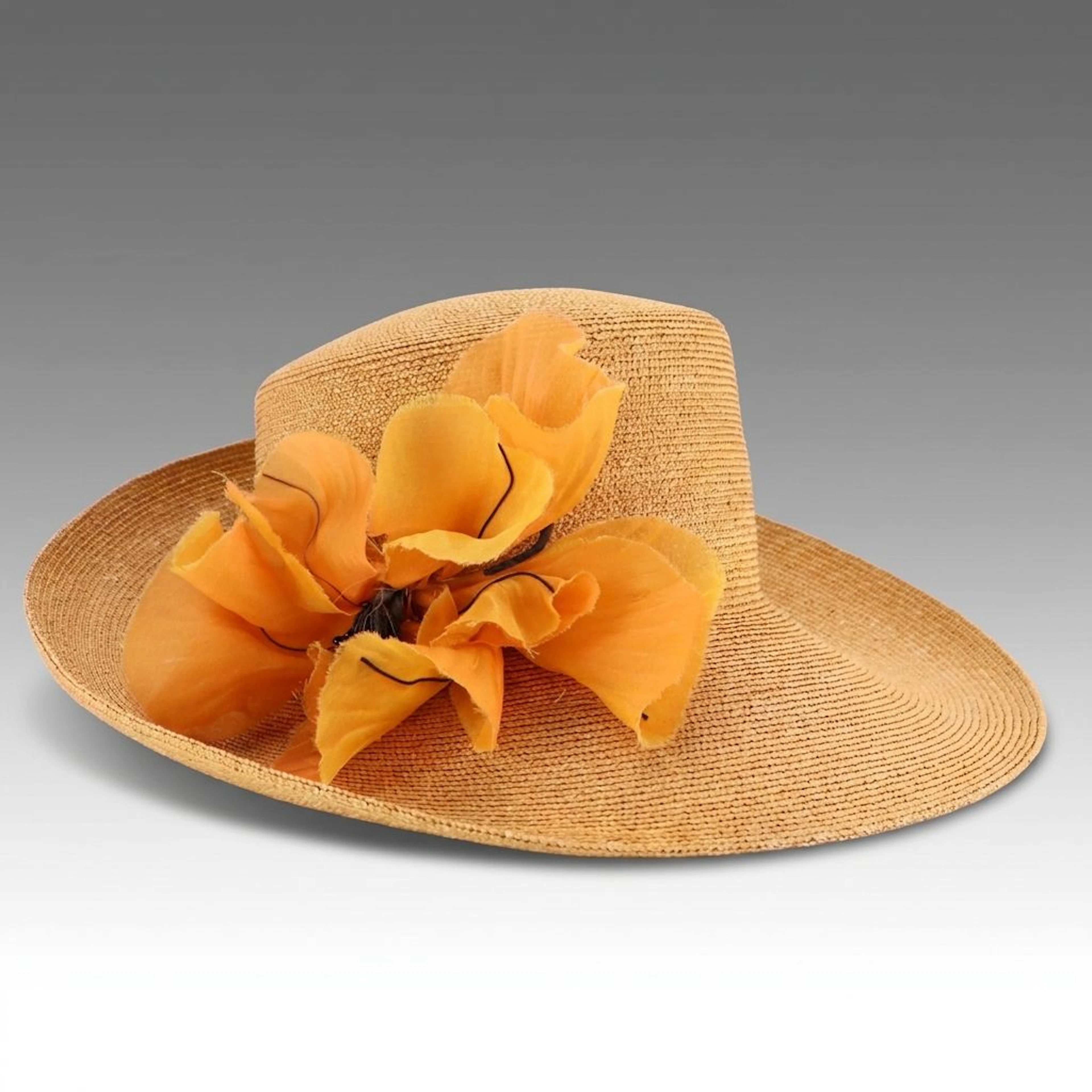 Henri Bendel Sculpted Wide Brim Straw Hat with Floral Brooch Pin Accent