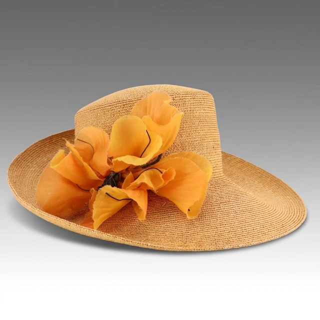 Henri Bendel Sculpted Wide Brim Straw Hat with Floral Brooch Pin Accent