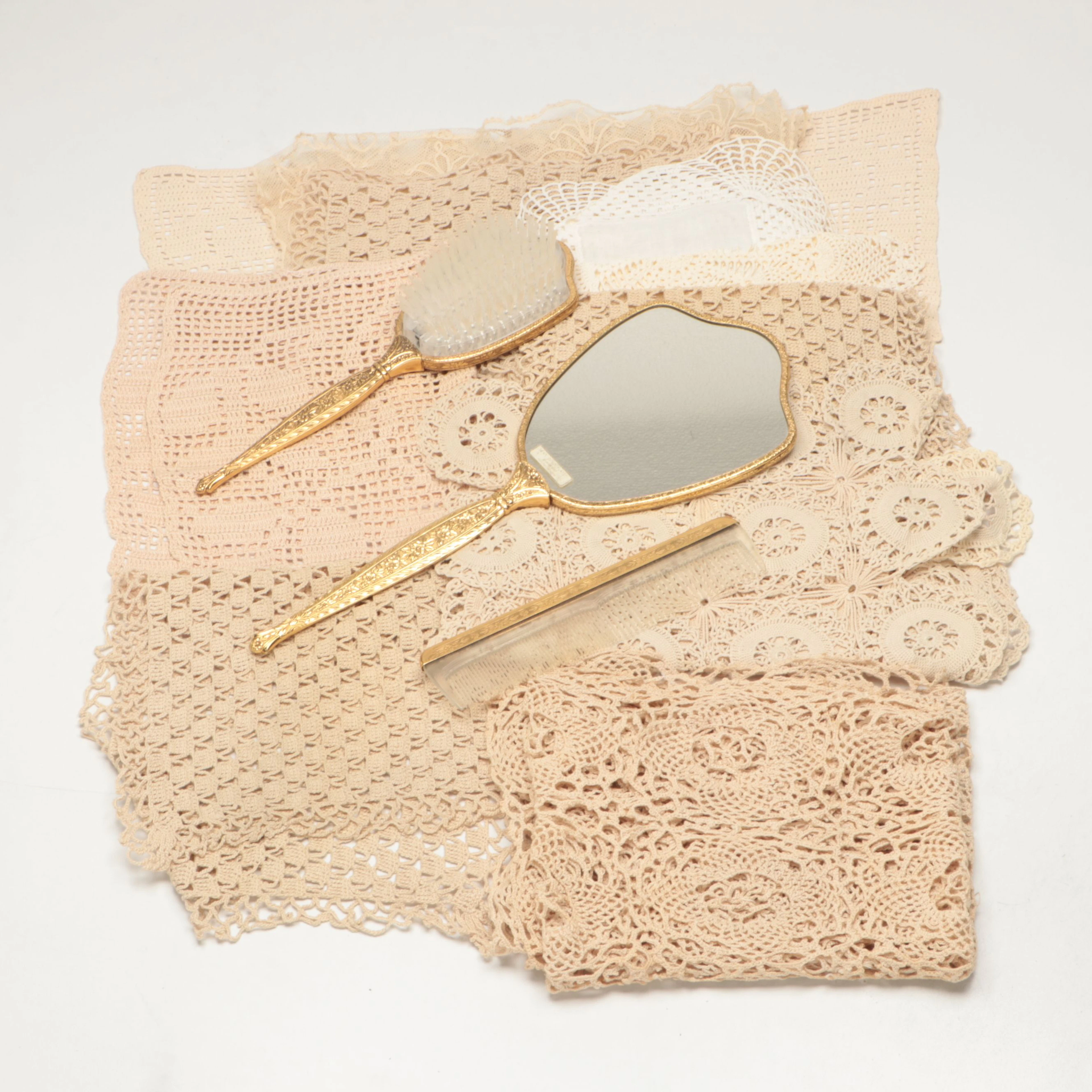 Victorian Style Floral Gold Plated Vanity Set with Table Linens